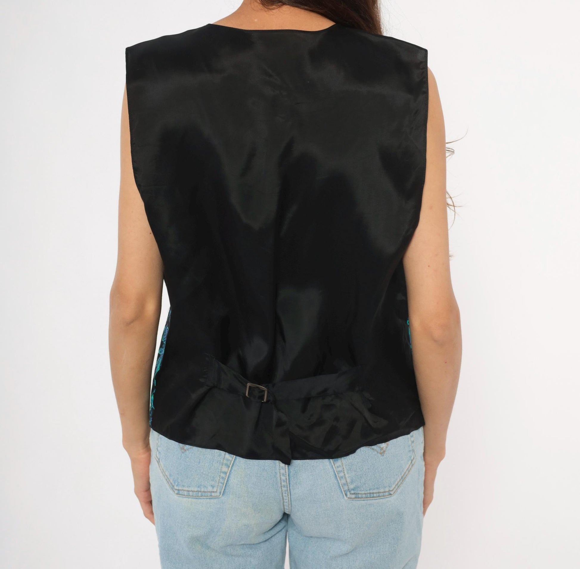 90s Floral Waistcoat Black Teal Purple Baroque Button Front Satin Back Medium M
