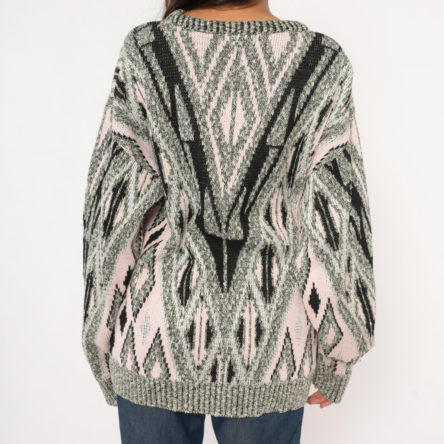 80s Elis Island Geometric Knit Sweater Grey Diamond Chevron Medium