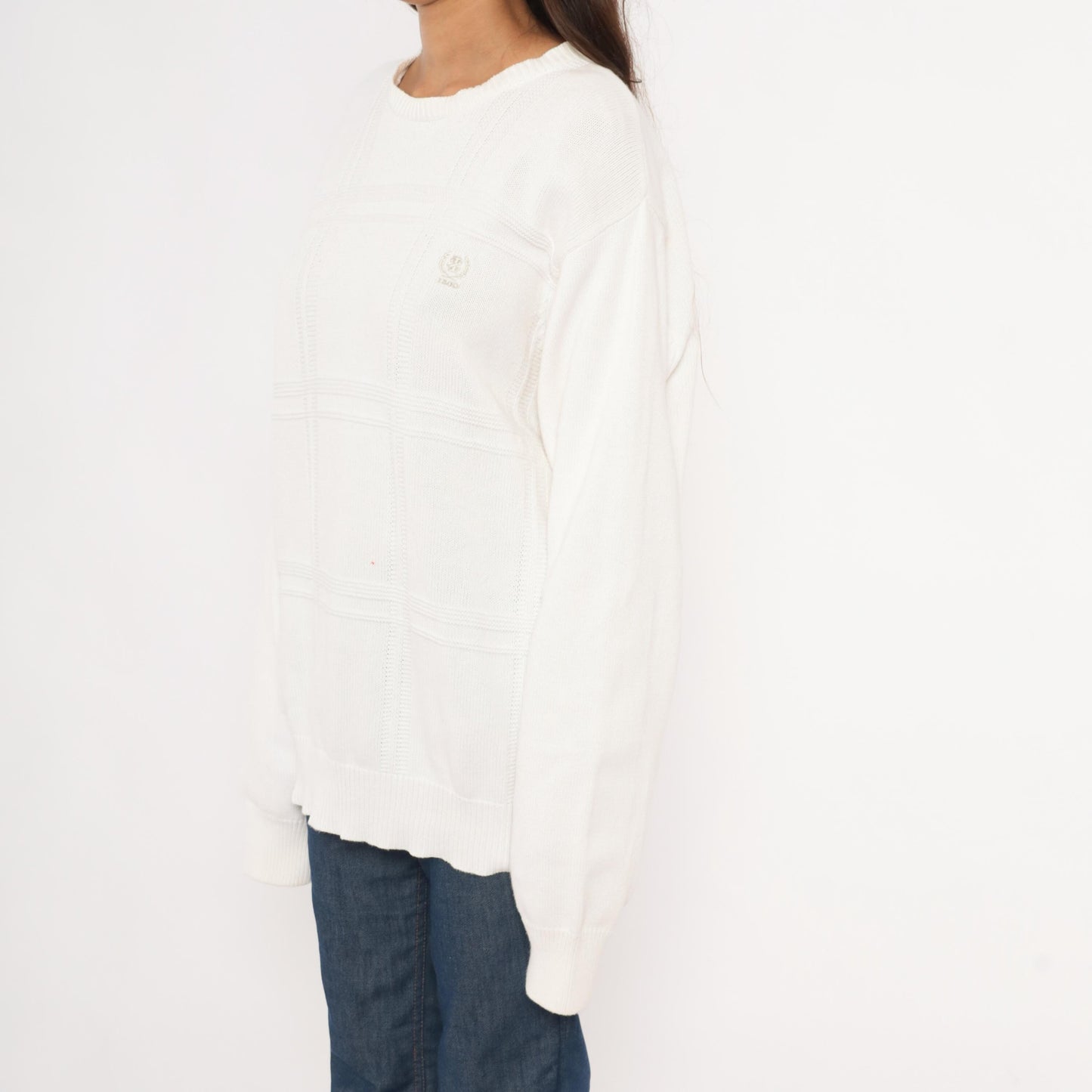90s Izod Cotton Crewneck Sweater White Windowpane Grid Knit Large L