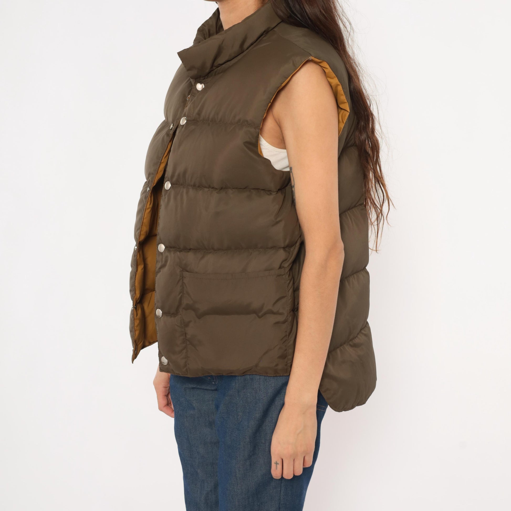 80s Reversible Puffer Vest Brown Mustard Quilted Down Waistcoat Medium