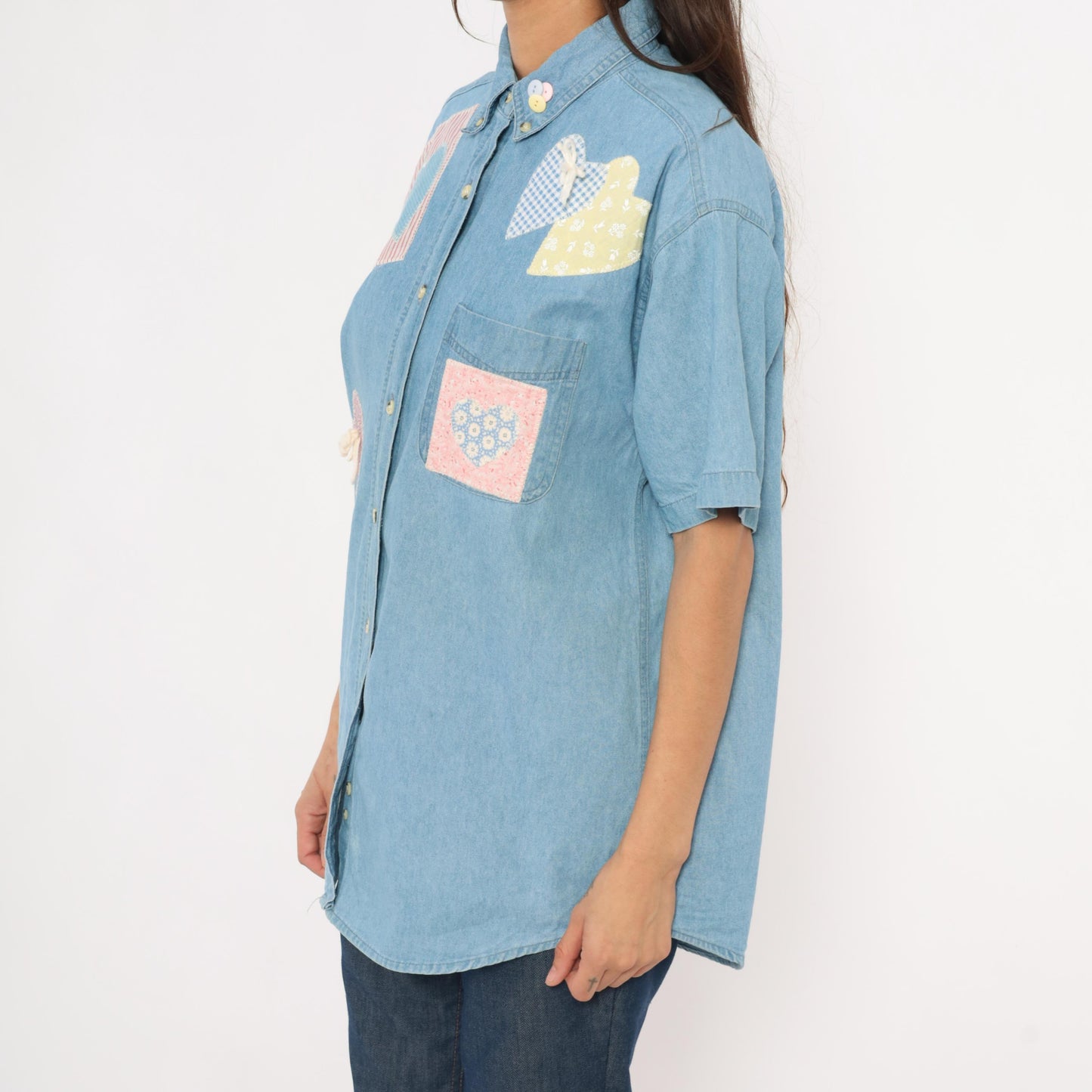 90s Satin Stitches Inc. Patchwork Heart Denim Shirt Light Wash Cotton Medium