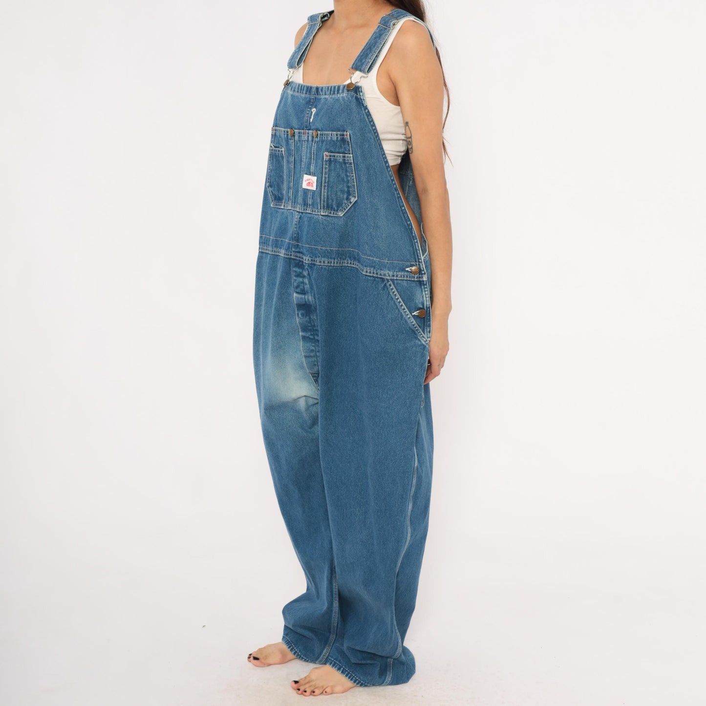 Y2K Roundhouse Denim Bib Overalls Medium Wash Blue Cotton Carpenter 50x30