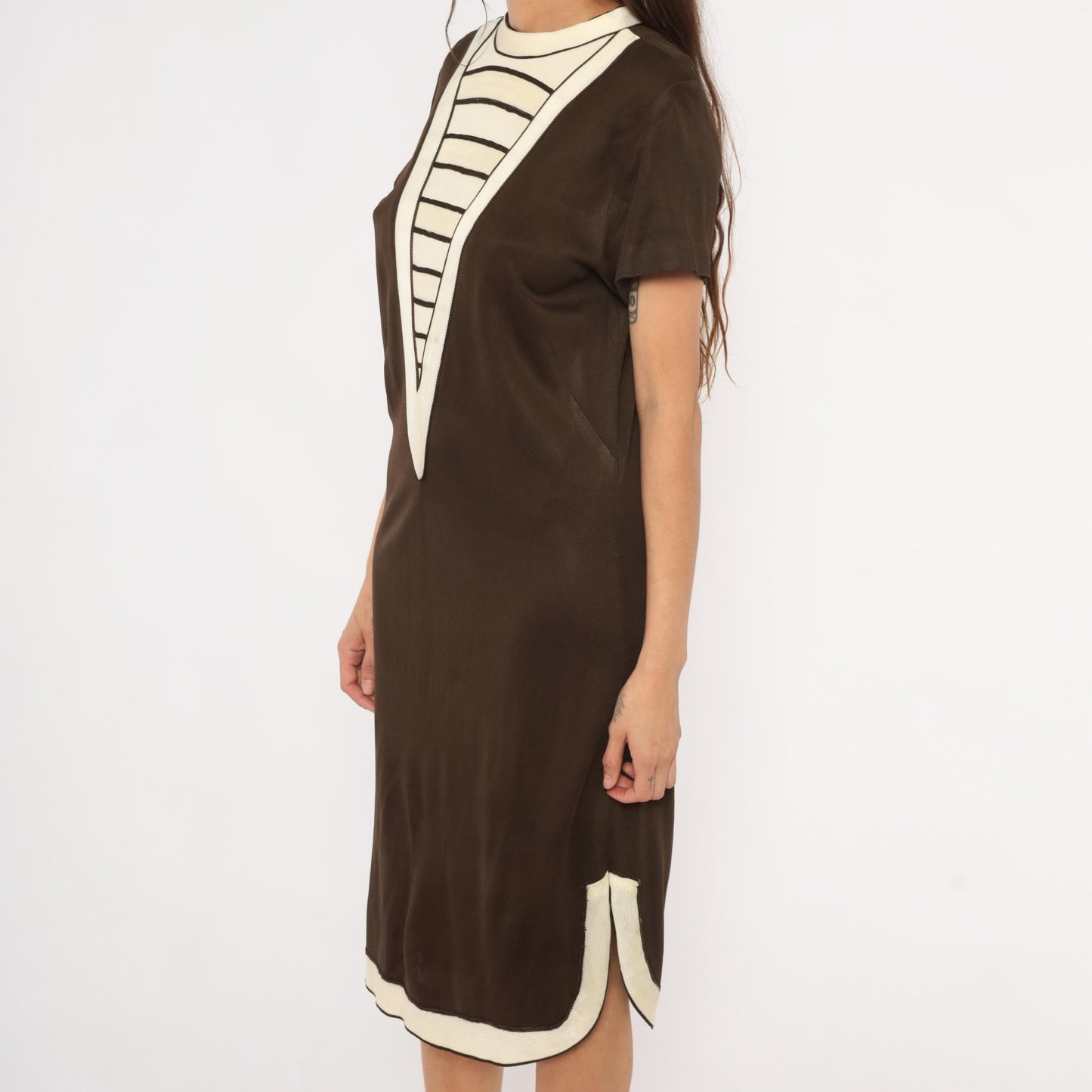 60s Mod Shift Dress Brown Cream Striped V Panel Short Sleeve Large L