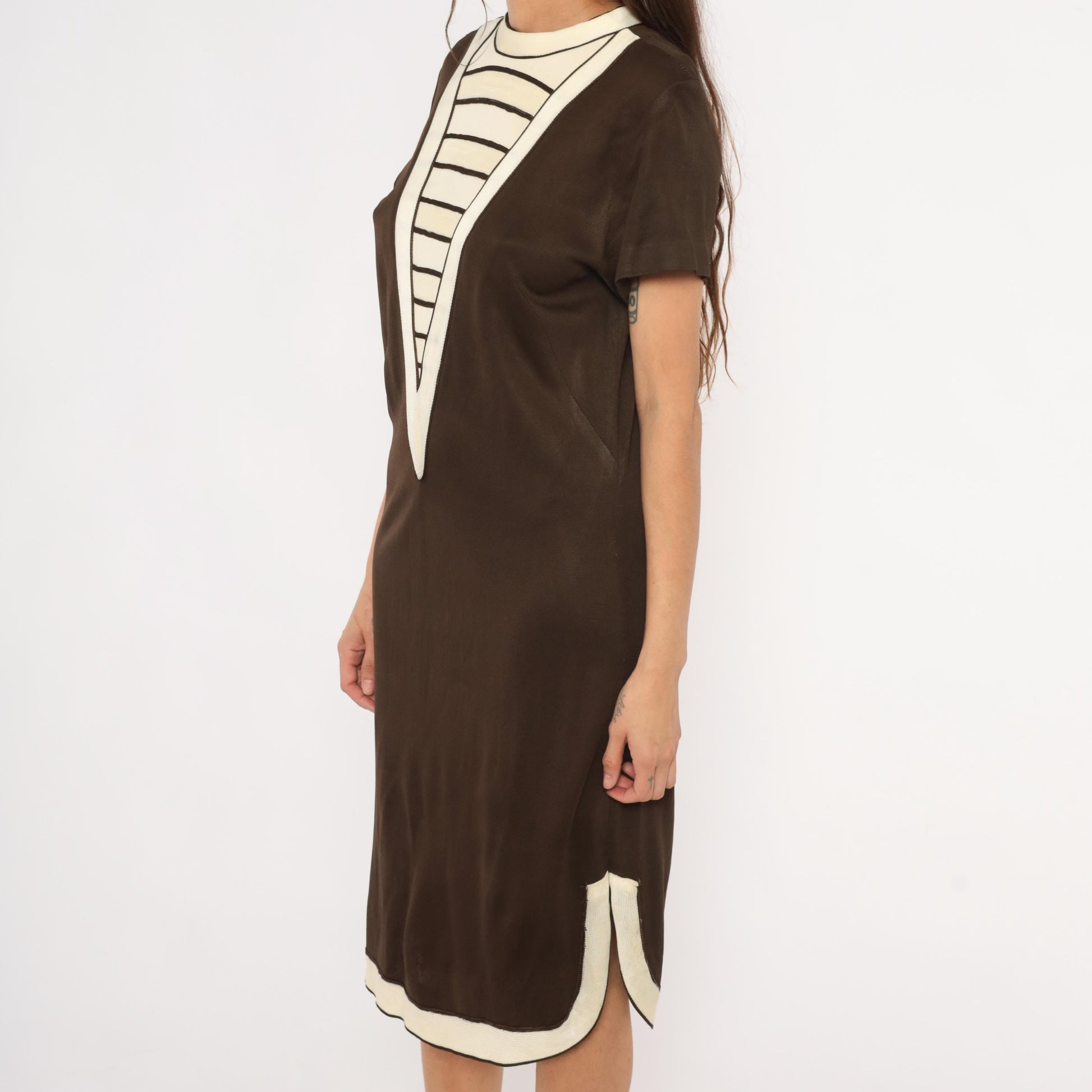 60s Mod Shift Dress Brown Cream Striped V Panel Short Sleeve Large L