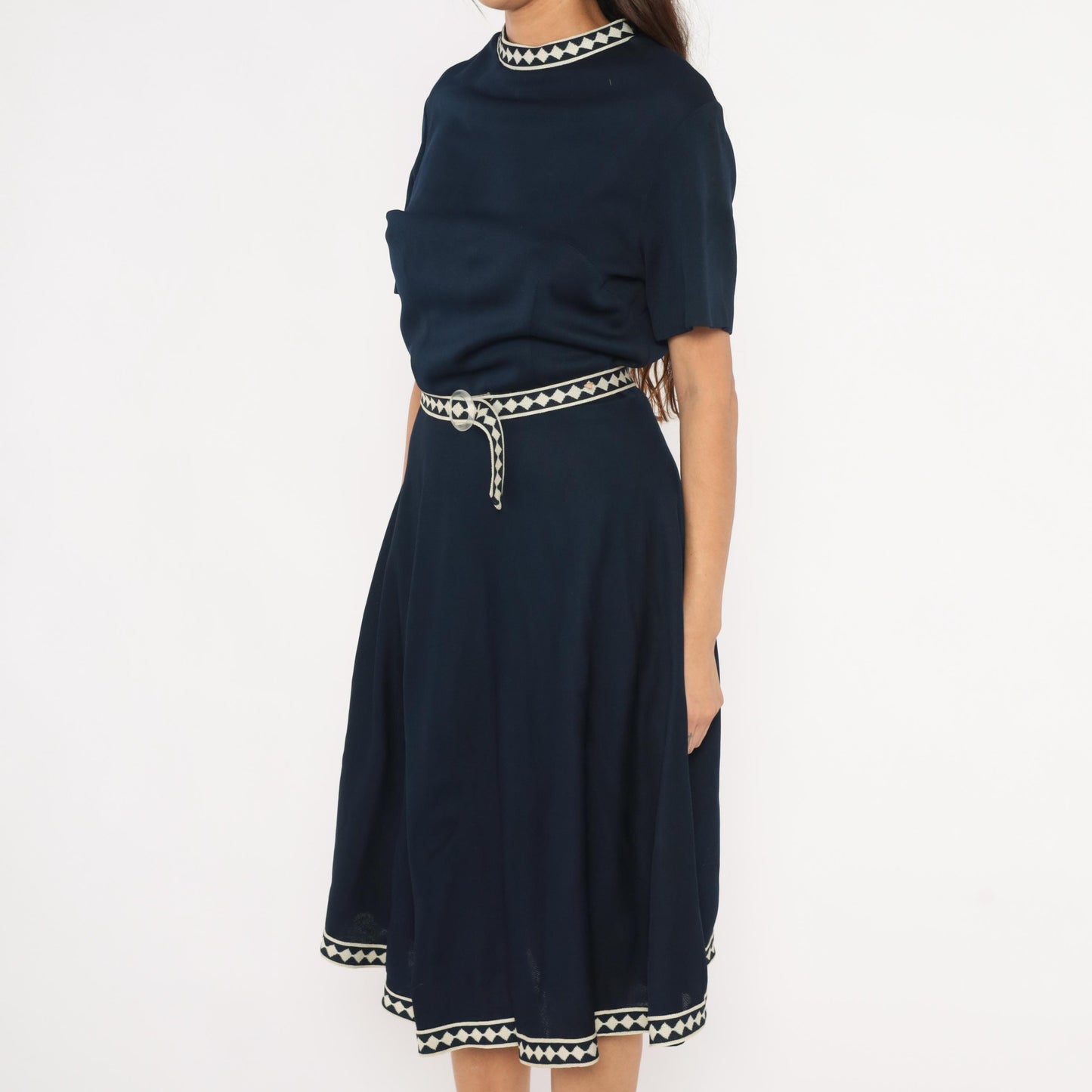 60s Marta D Navy A-Line Dress Cream Diamond Trim Belted Midi Large L