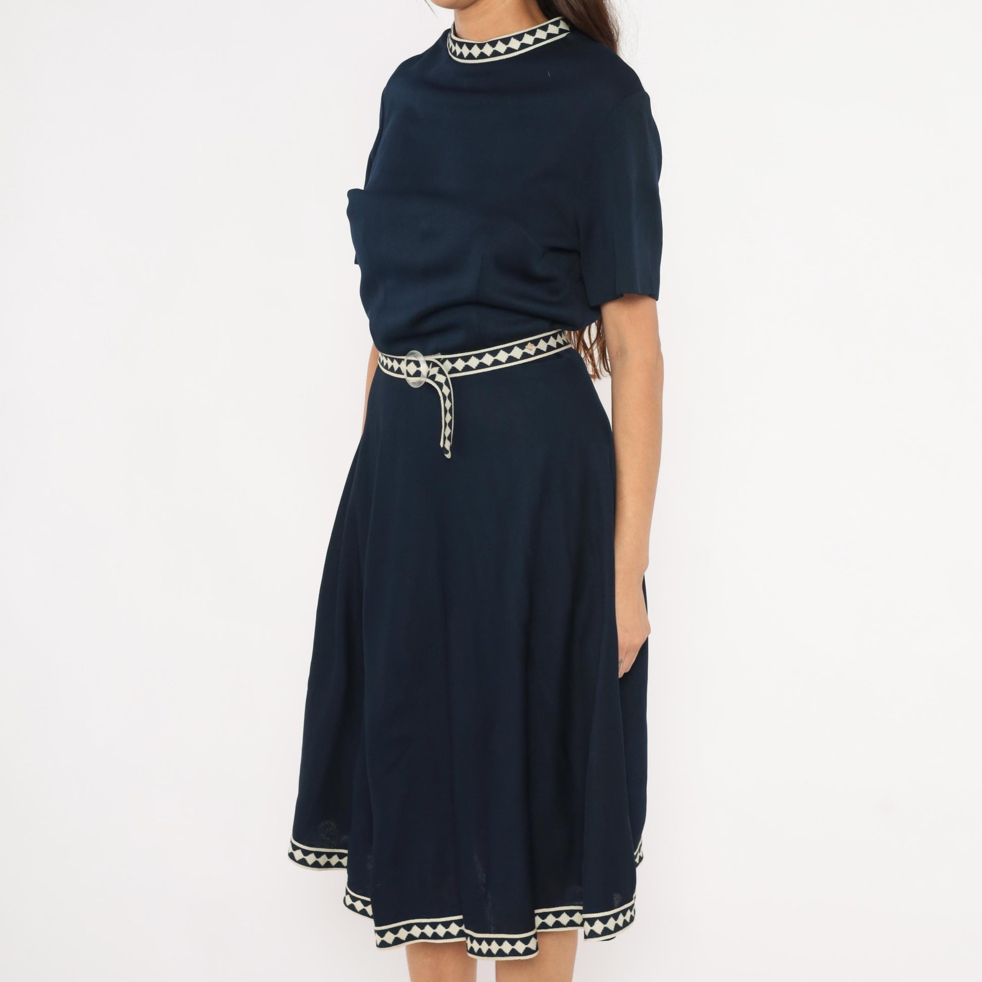 60s Marta D Navy A-Line Dress Cream Diamond Trim Belted Midi Large L