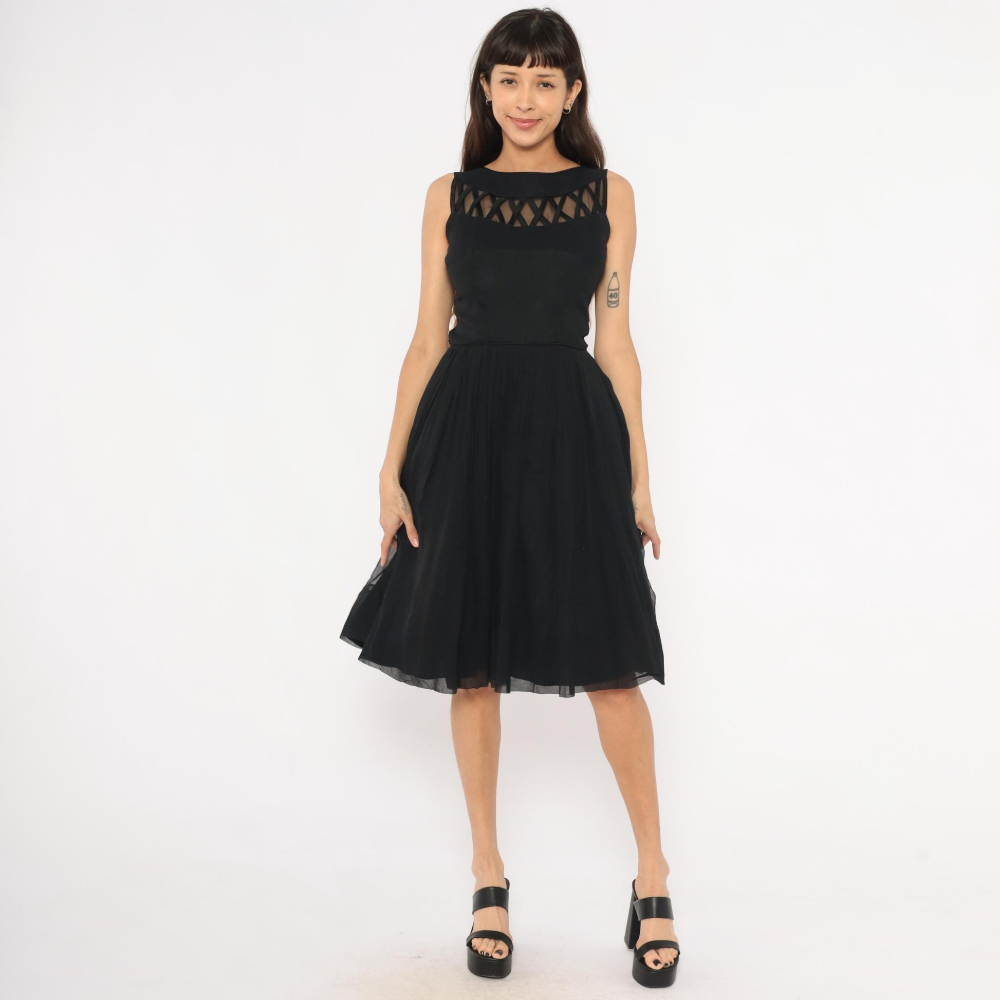 60s Black Chiffon Cocktail Dress Lattice Cutout Boat Neck Small