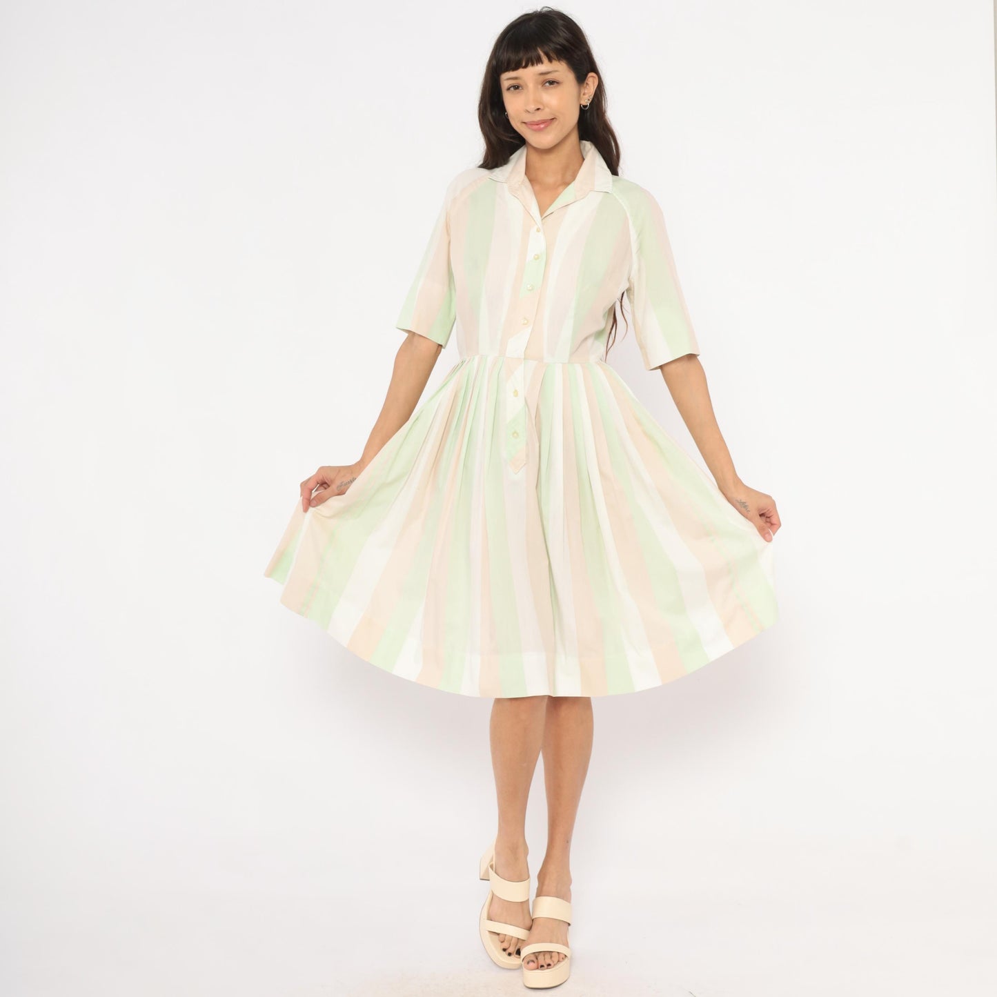 60s Pastel Striped Shirtdress Mint Green Pink Button Front Knee Length Medium