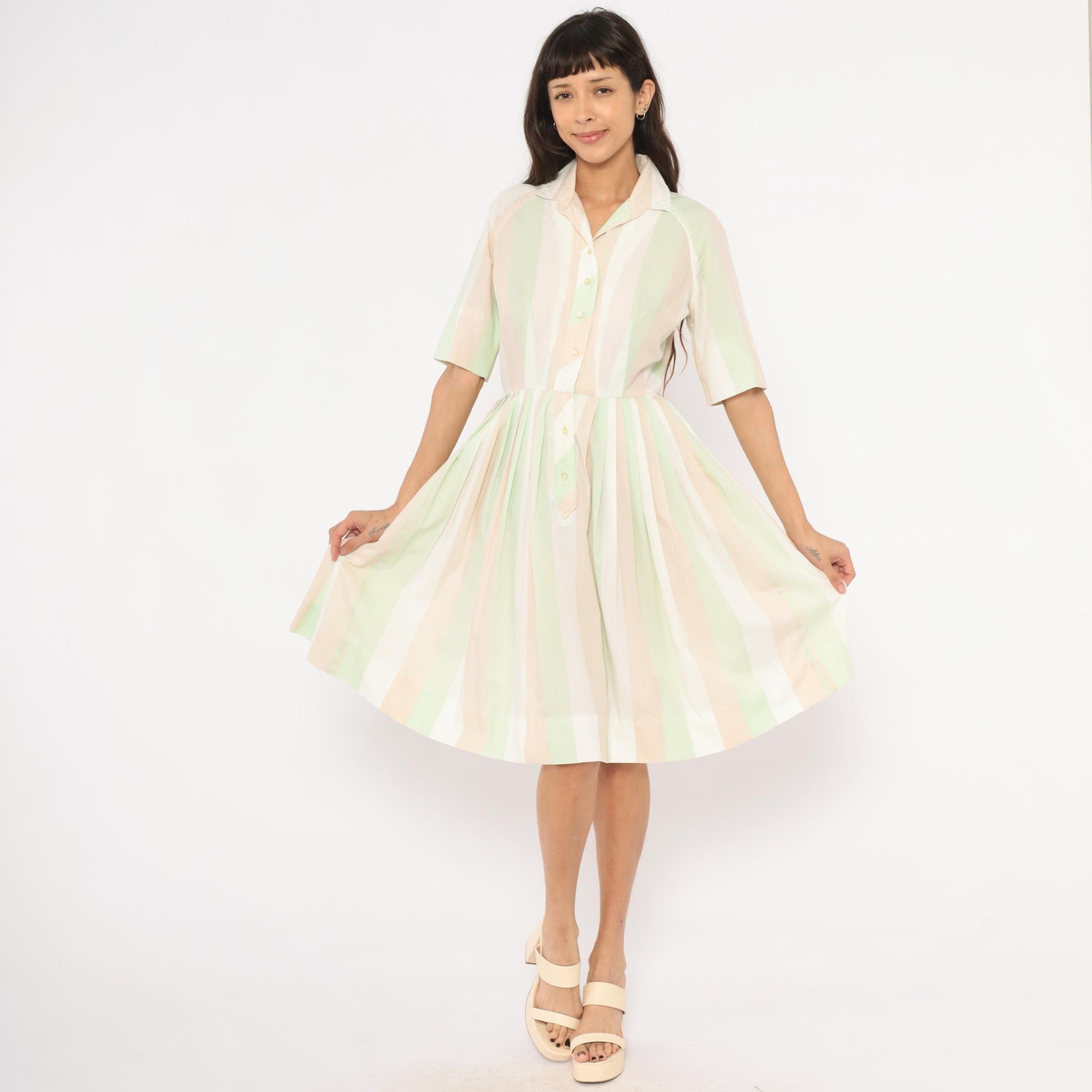 60s Pastel Striped Shirtdress Mint Green Pink Button Front Knee Length Medium