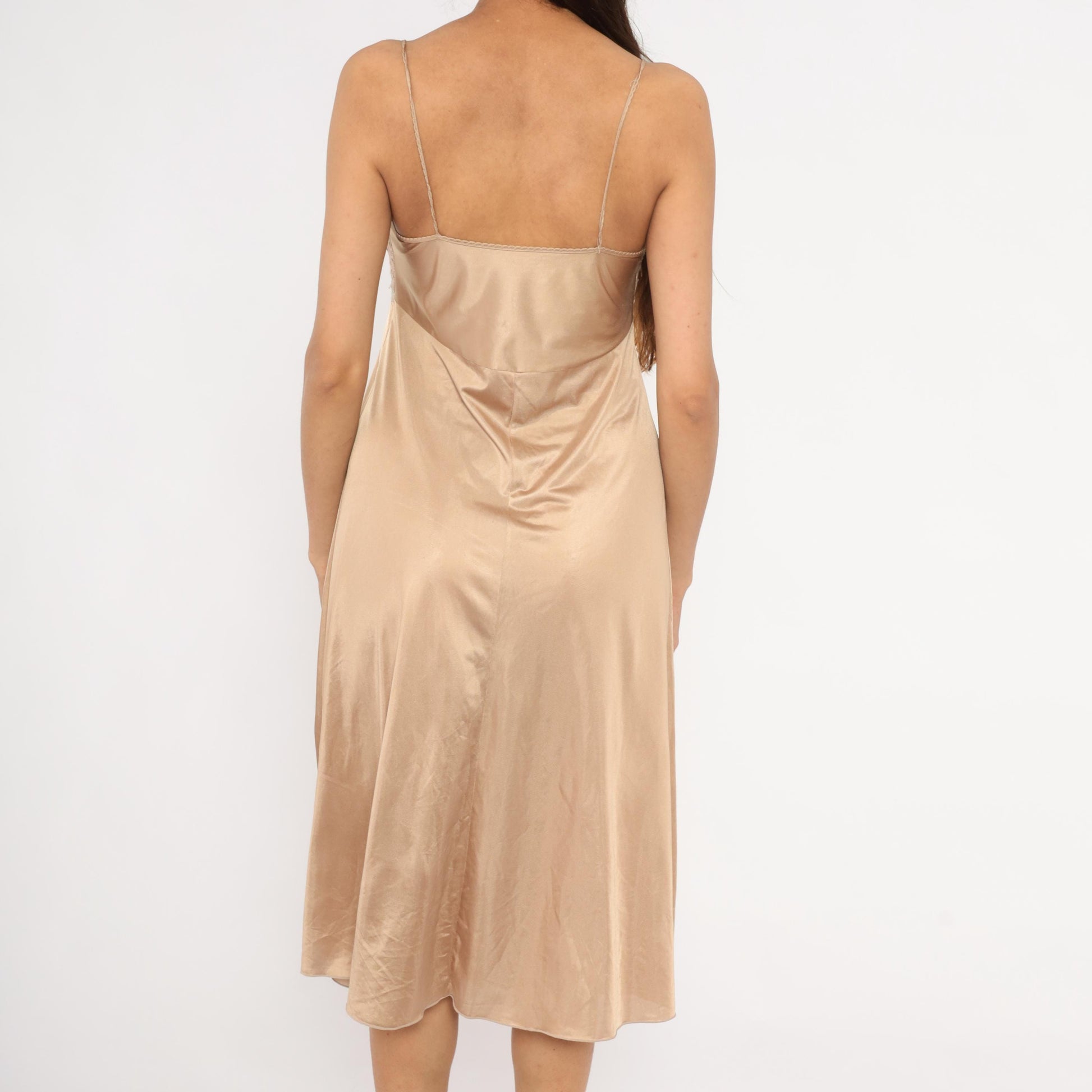 80s Bonny Nude Lace Slip Dress Champagne Satin Midi Empire Waist Small