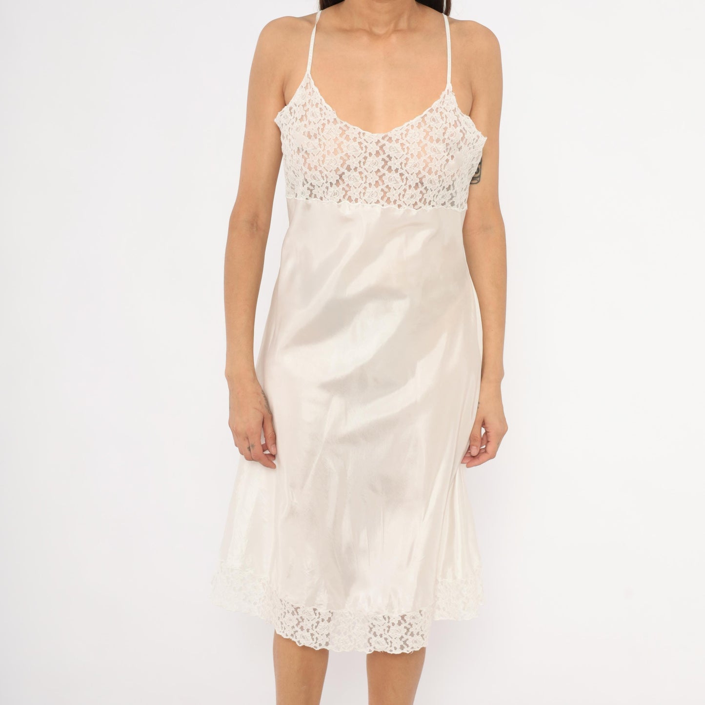 2000s April Cornell White Satin Slip Dress Floral Lace Bodice Knee Length Large L