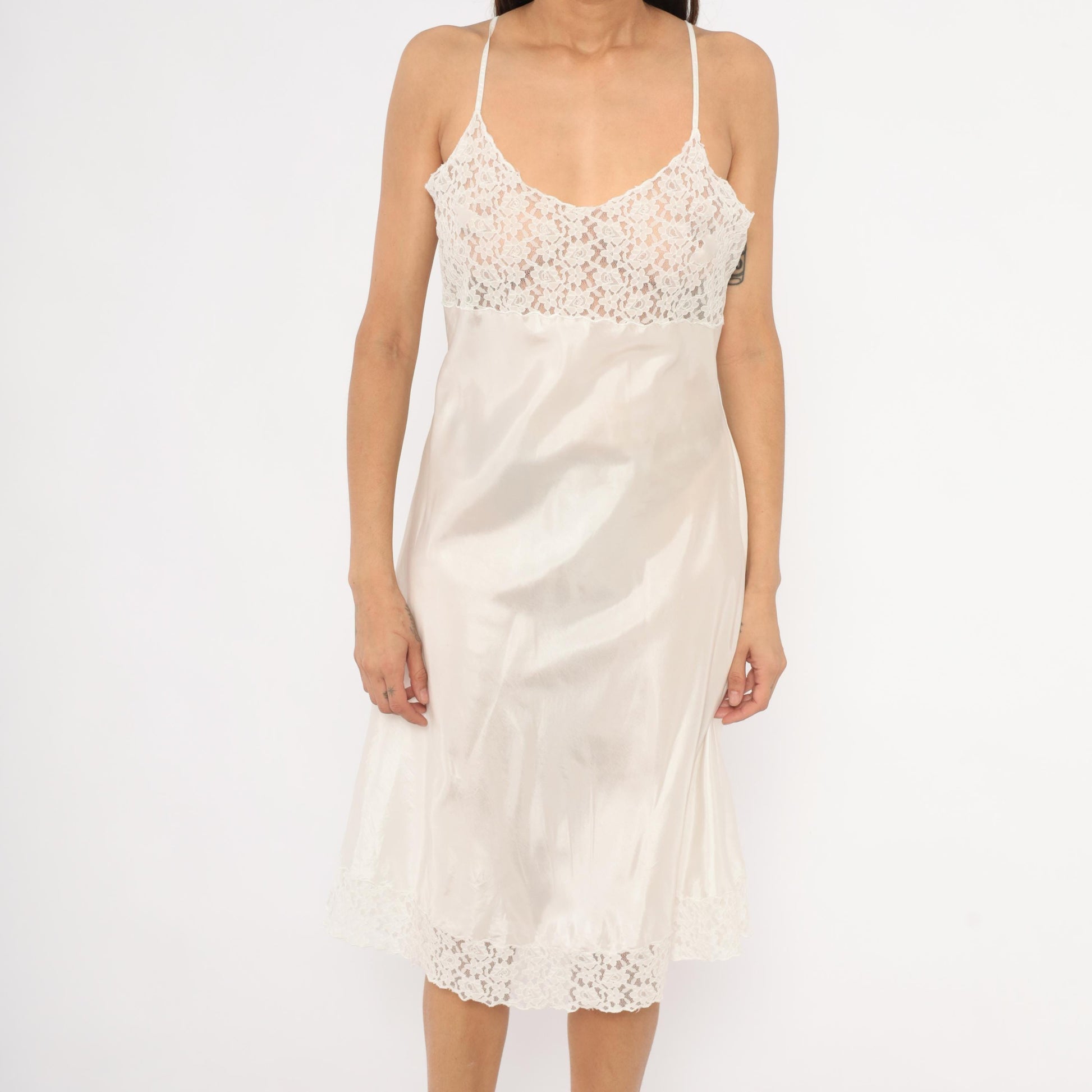 2000s April Cornell White Satin Slip Dress Floral Lace Bodice Knee Length Large L