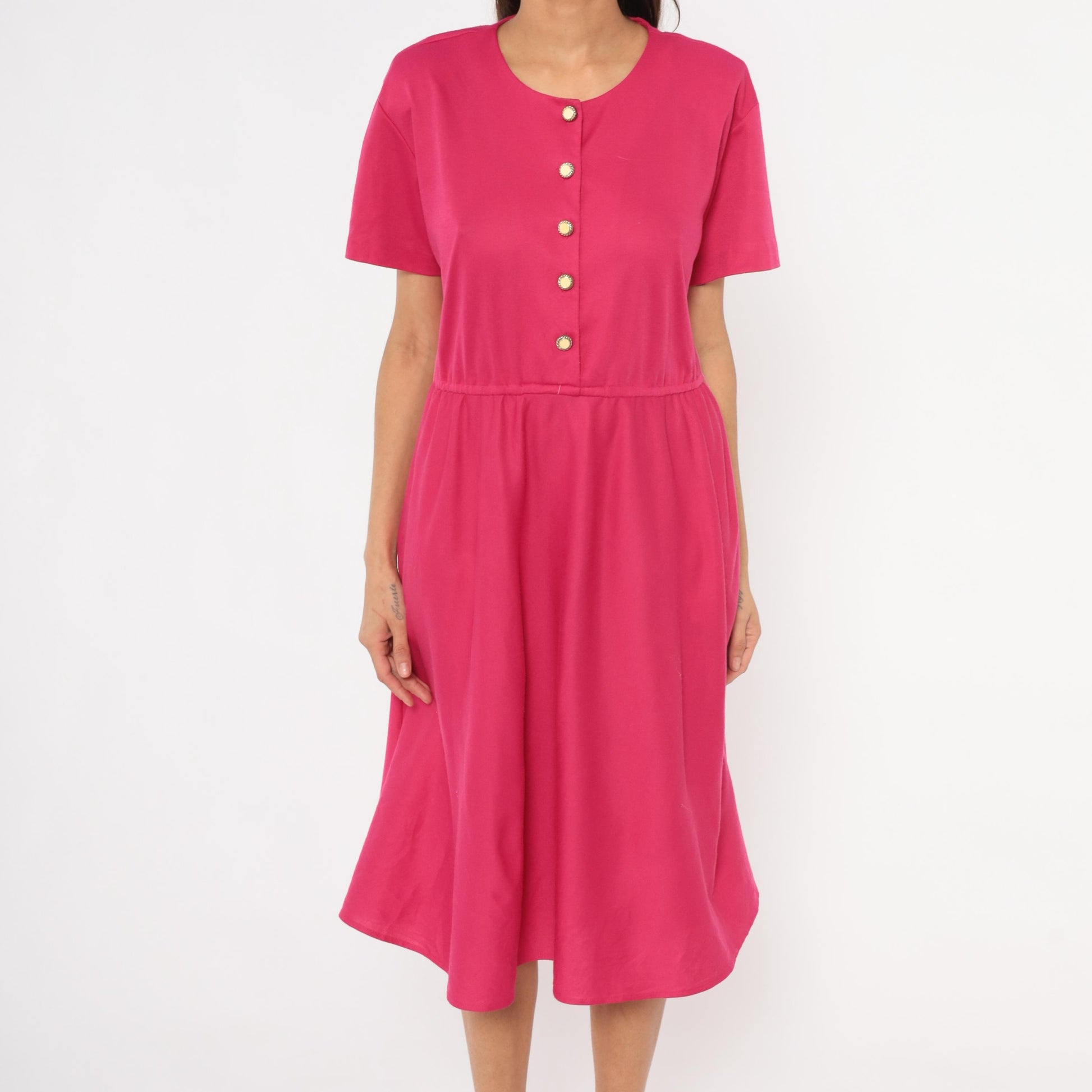 80s Fuchsia Button-Front Midi Dress Gold Buttons Gathered Waist Small