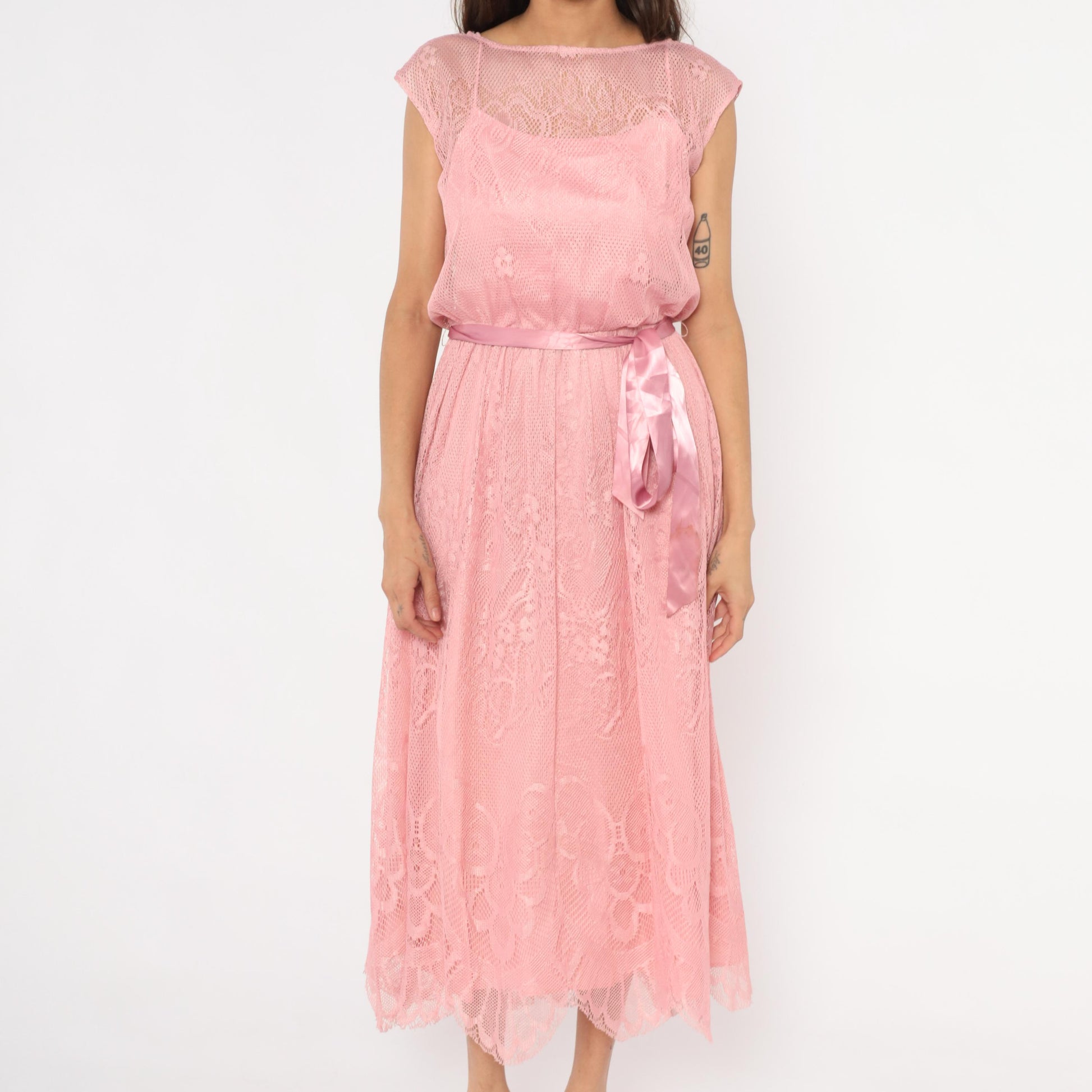 80s Rose Pink Lace Midi Dress Cap Sleeve Scalloped Hem Small S