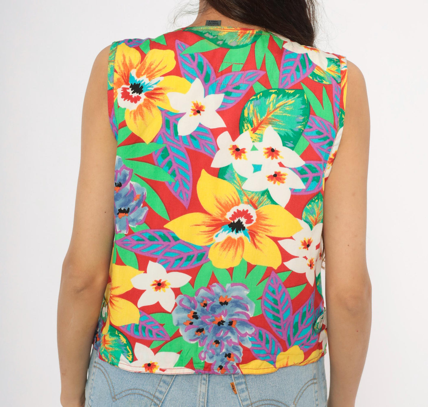 90s Lizwear Tropical Floral Vest Red Hibiscus Button Front V-Neck Medium M