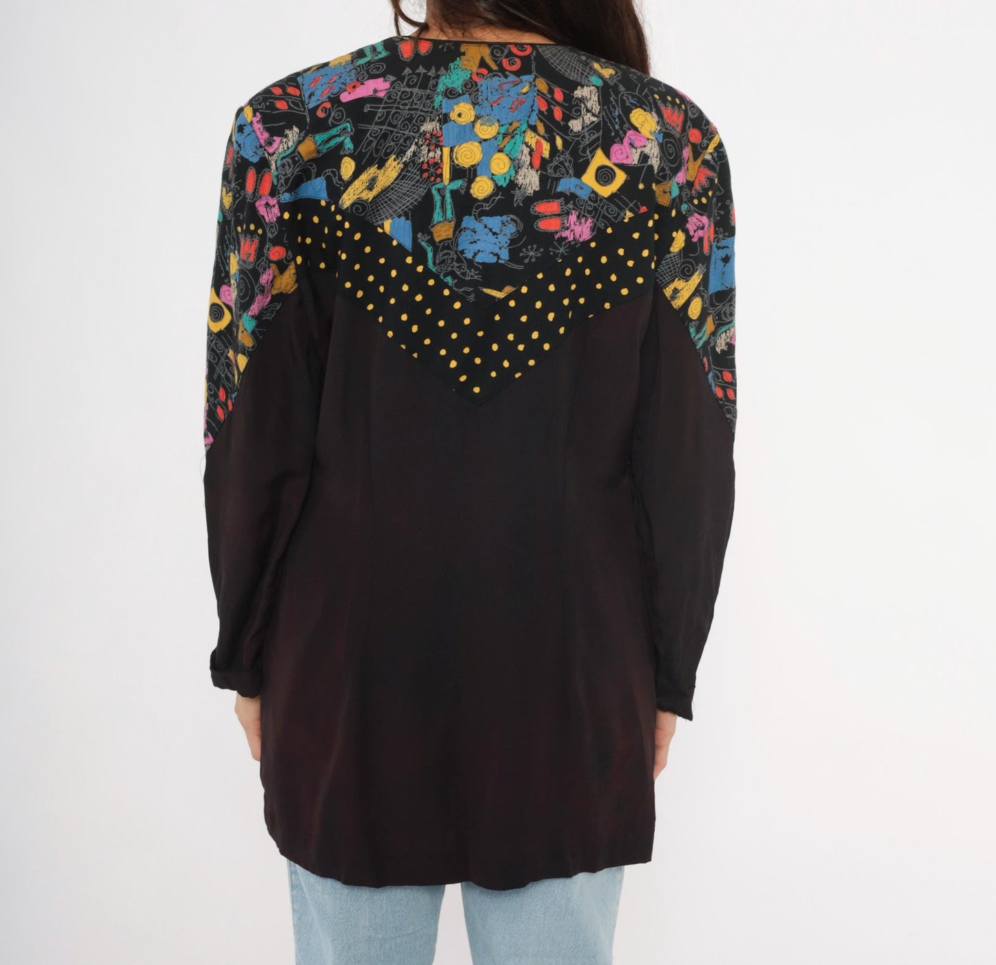90s Choon Abstract Graffiti Blazer Deep V Black Multicolor Print Medium Large
