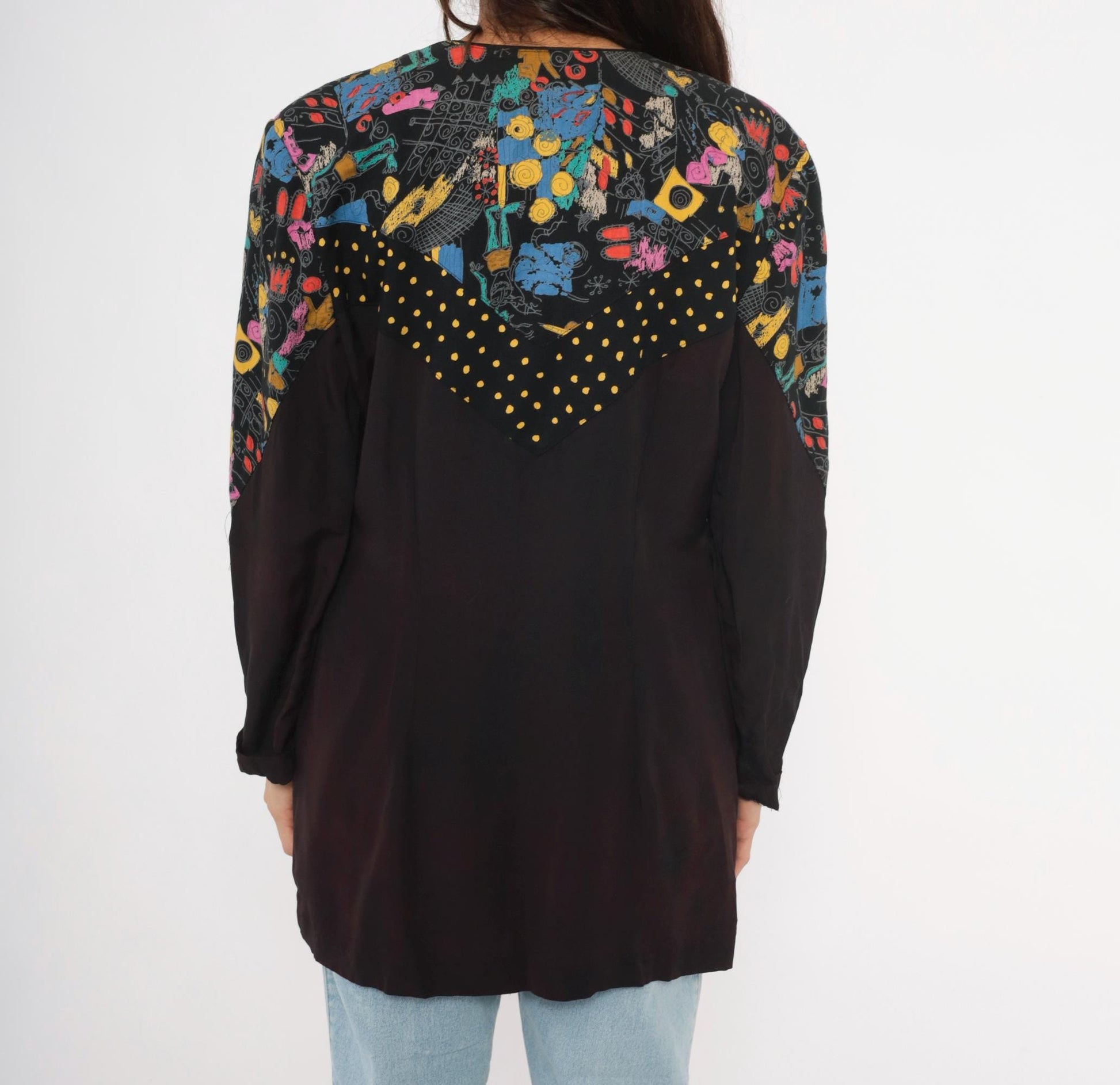 90s Choon Abstract Graffiti Blazer Deep V Black Multicolor Print Medium Large