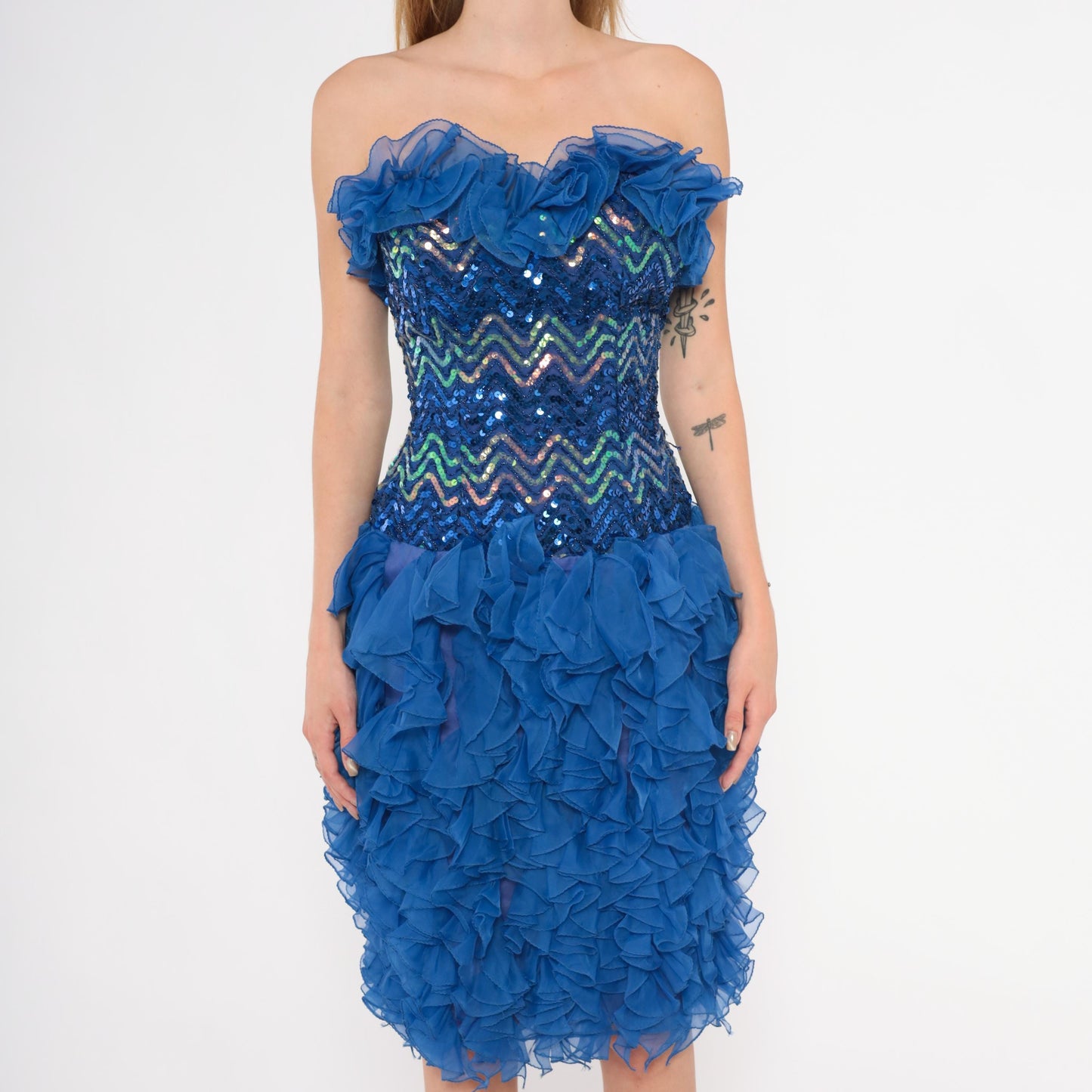 80s Cobalt Sequin Strapless Dress Chevron Sweetheart Corset Ruffle Extra Small XS
