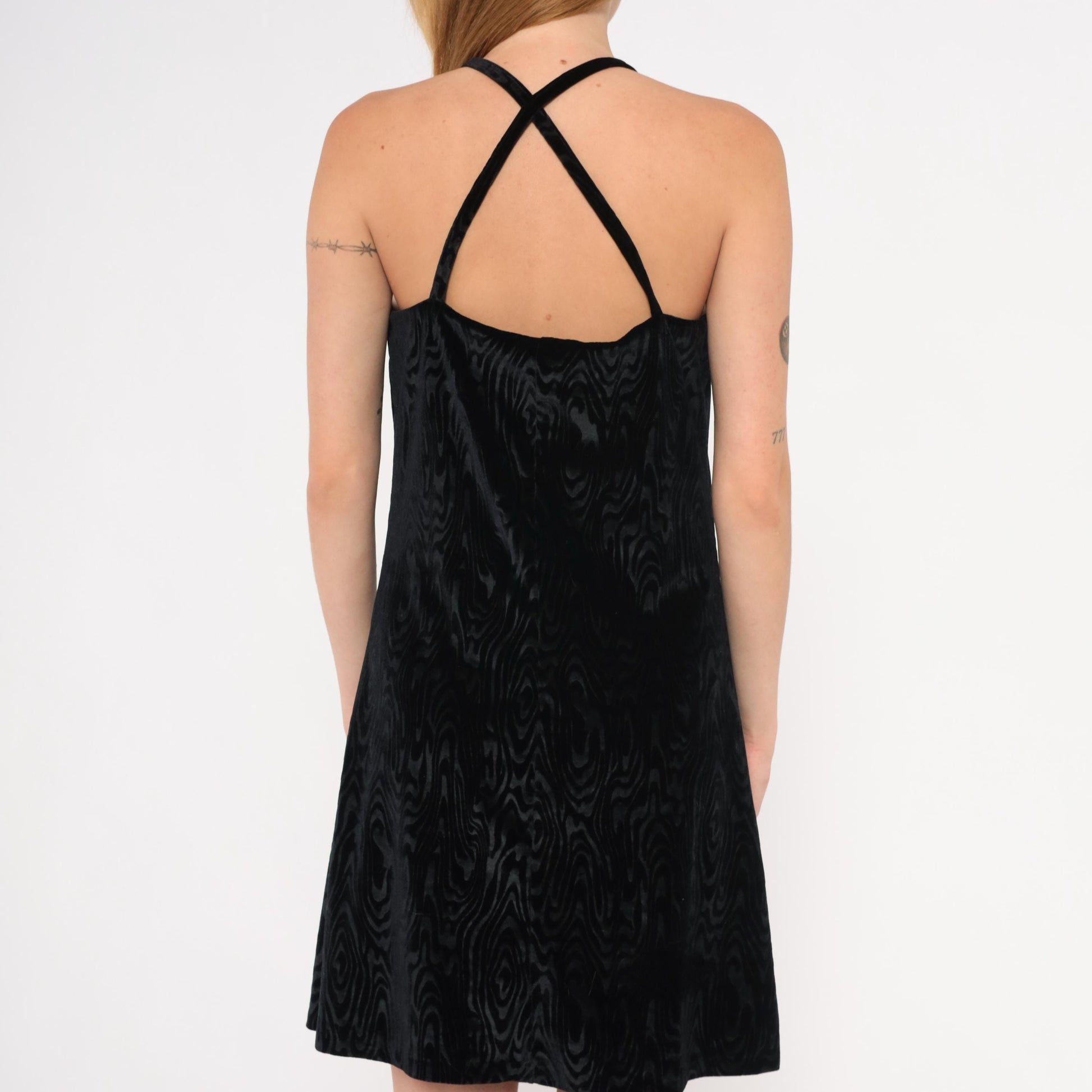 90s Mimosa Black Velvet Halter Mini Dress Swirl Pattern Small