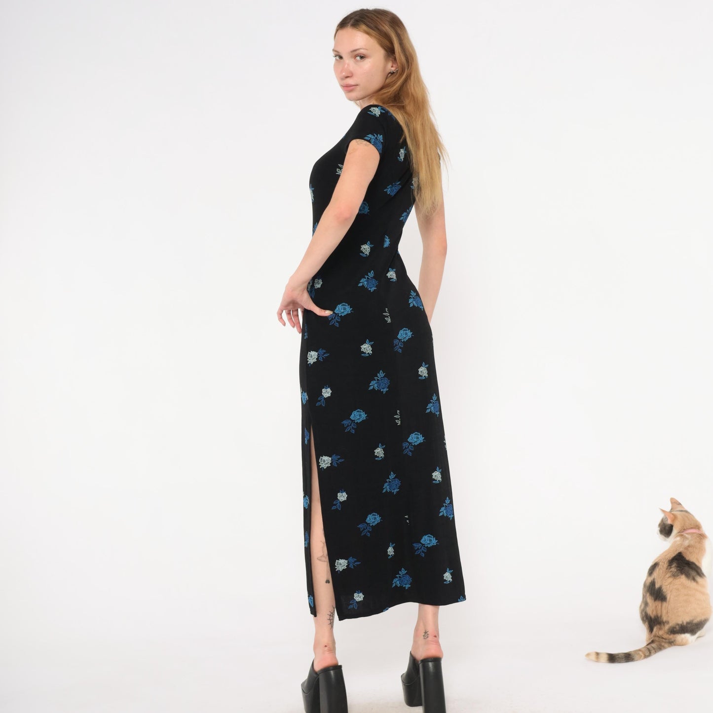 90s Jalate Black Floral Maxi Dress Blue Rose Print Side Slit Medium