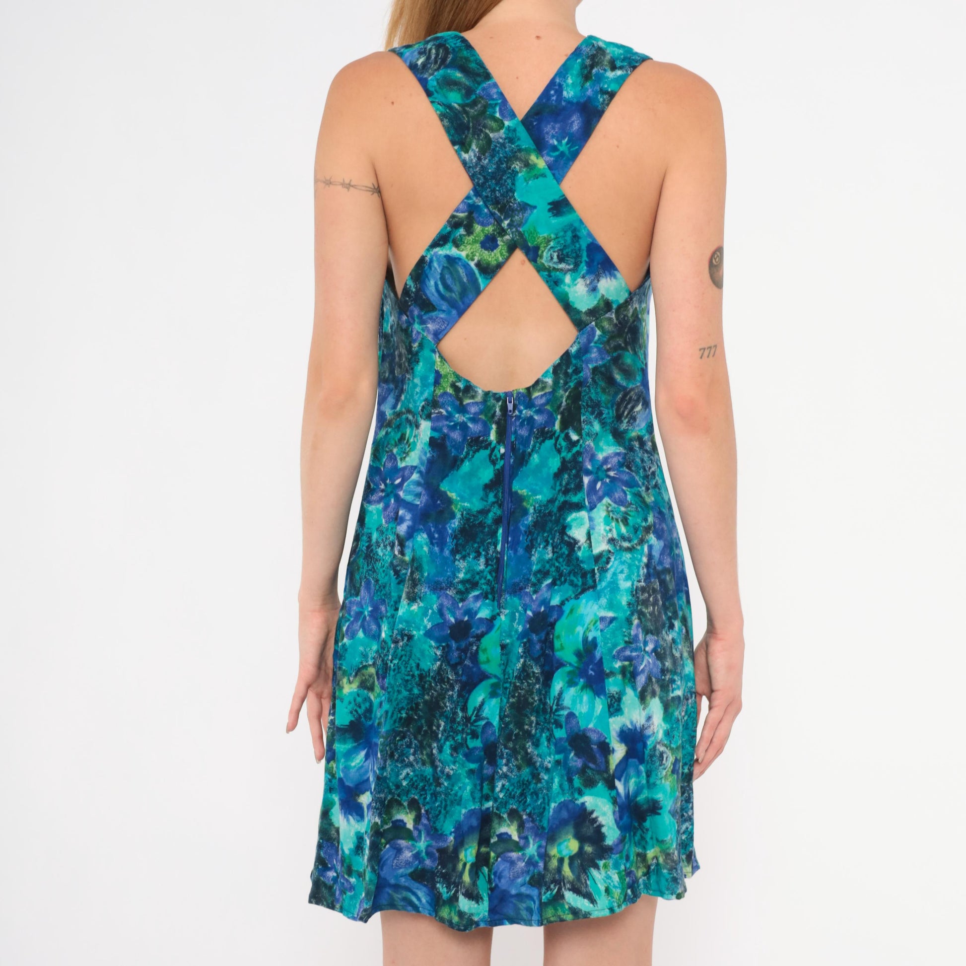 90s All That Jazz Floral Crossback Mini Dress Teal Sweetheart Neckline Small