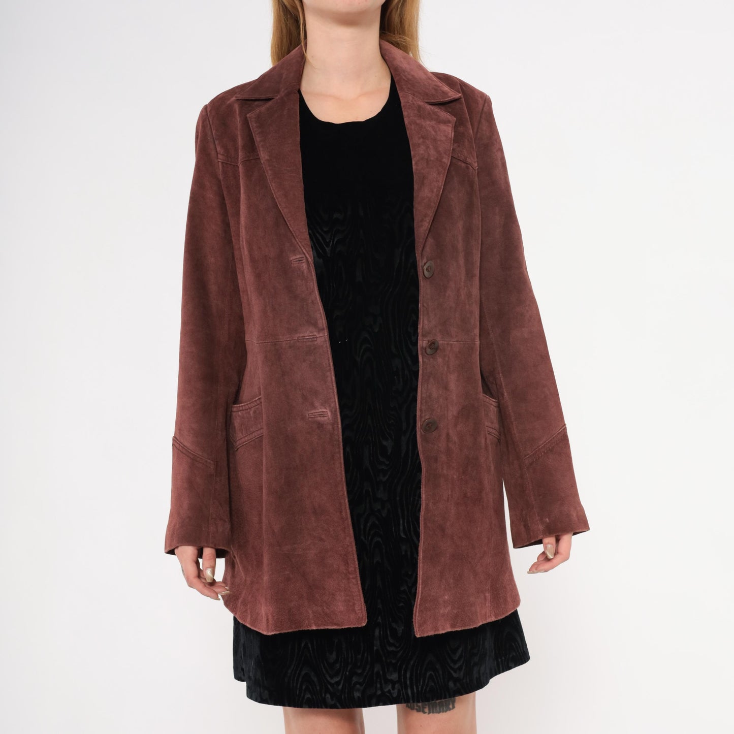 2000s Burgundy Leather Blazer Notched Lapel Long Line Small S