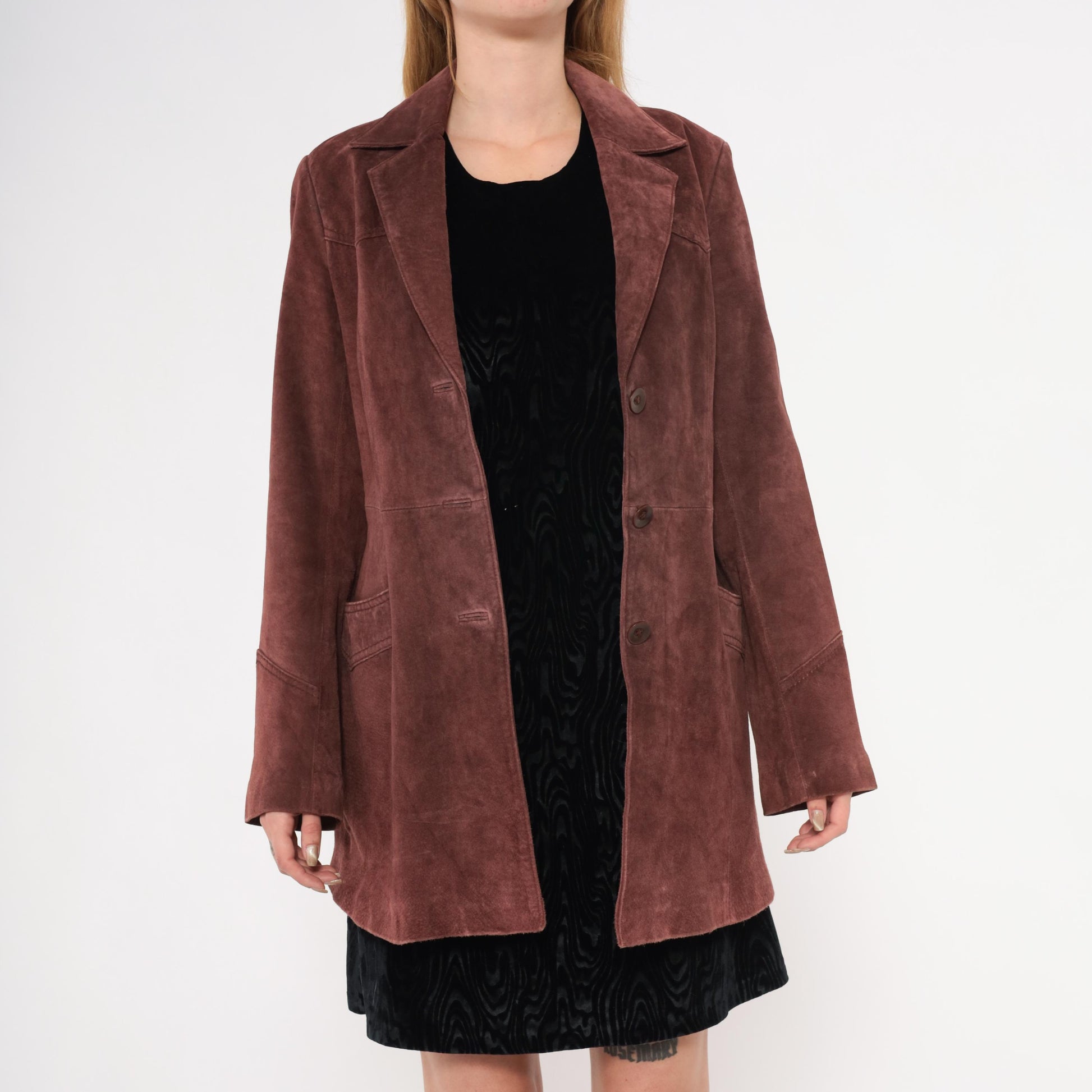 2000s Burgundy Leather Blazer Notched Lapel Long Line Small S
