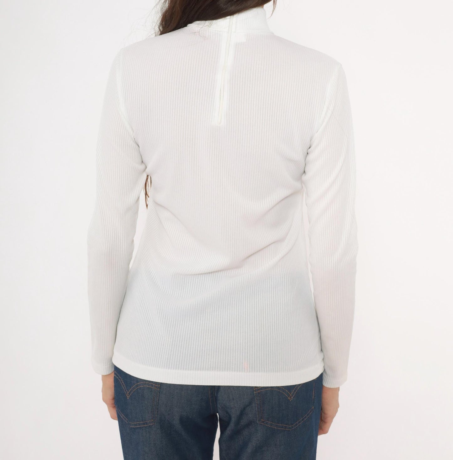 70s White Ribbed Mock Neck Top Long Sleeve Fitted Knit Zip Back Small