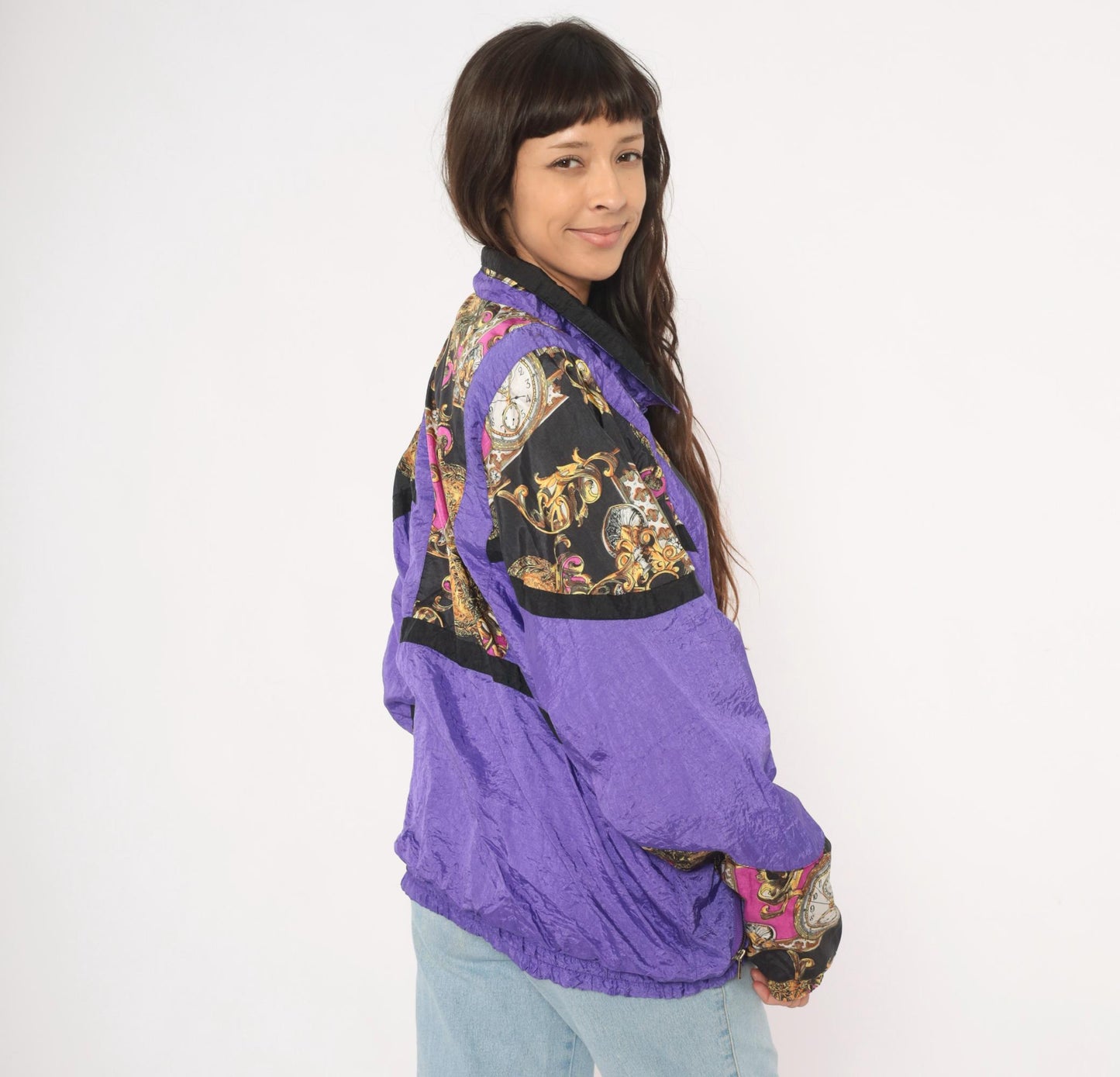 90s Baroque Clock Windbreaker Purple Gold Pocket Watch Shell Jacket Medium