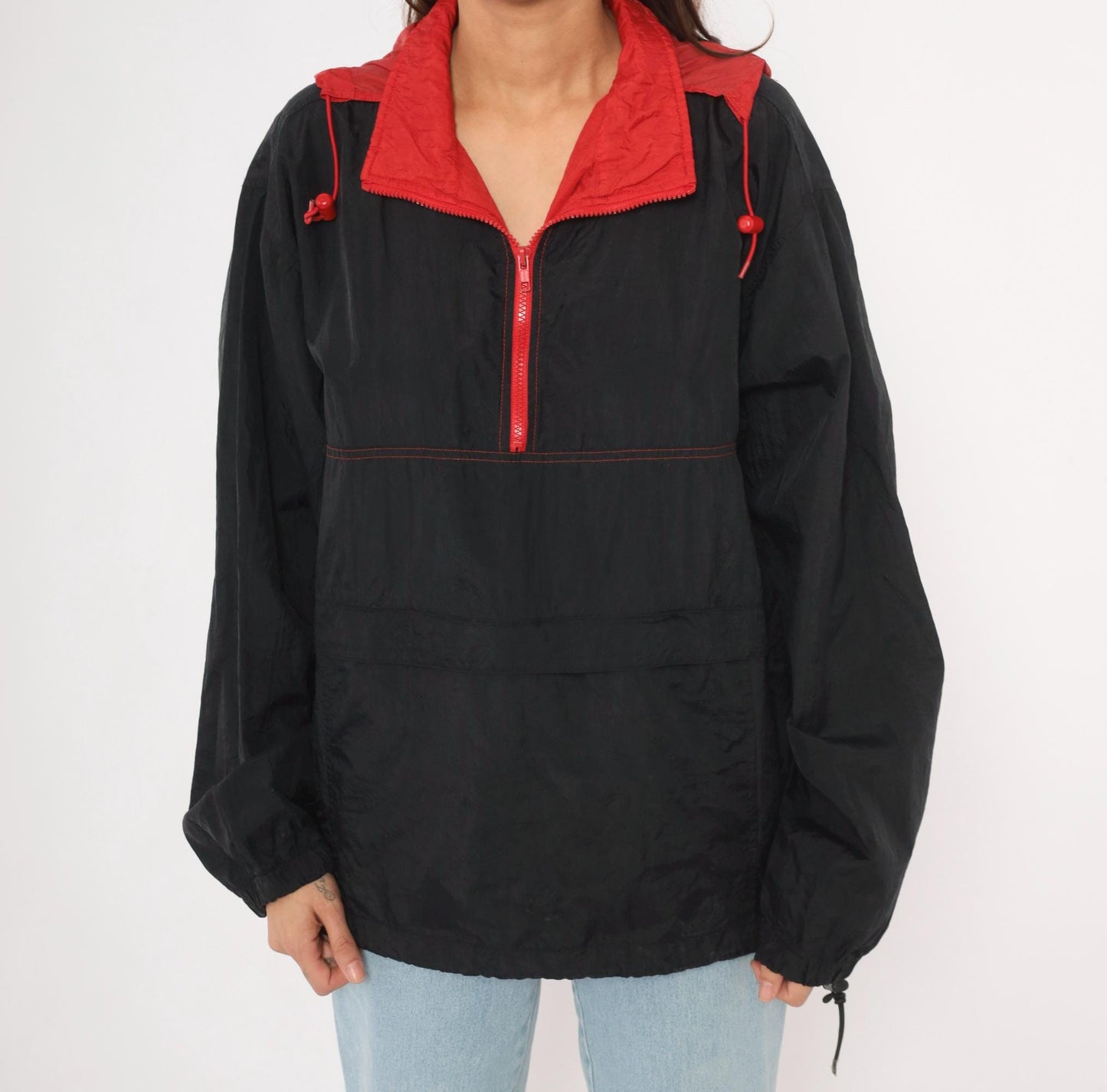 90s Black Red Colorblock Anorak Windbreaker Pullover Jacket Medium M