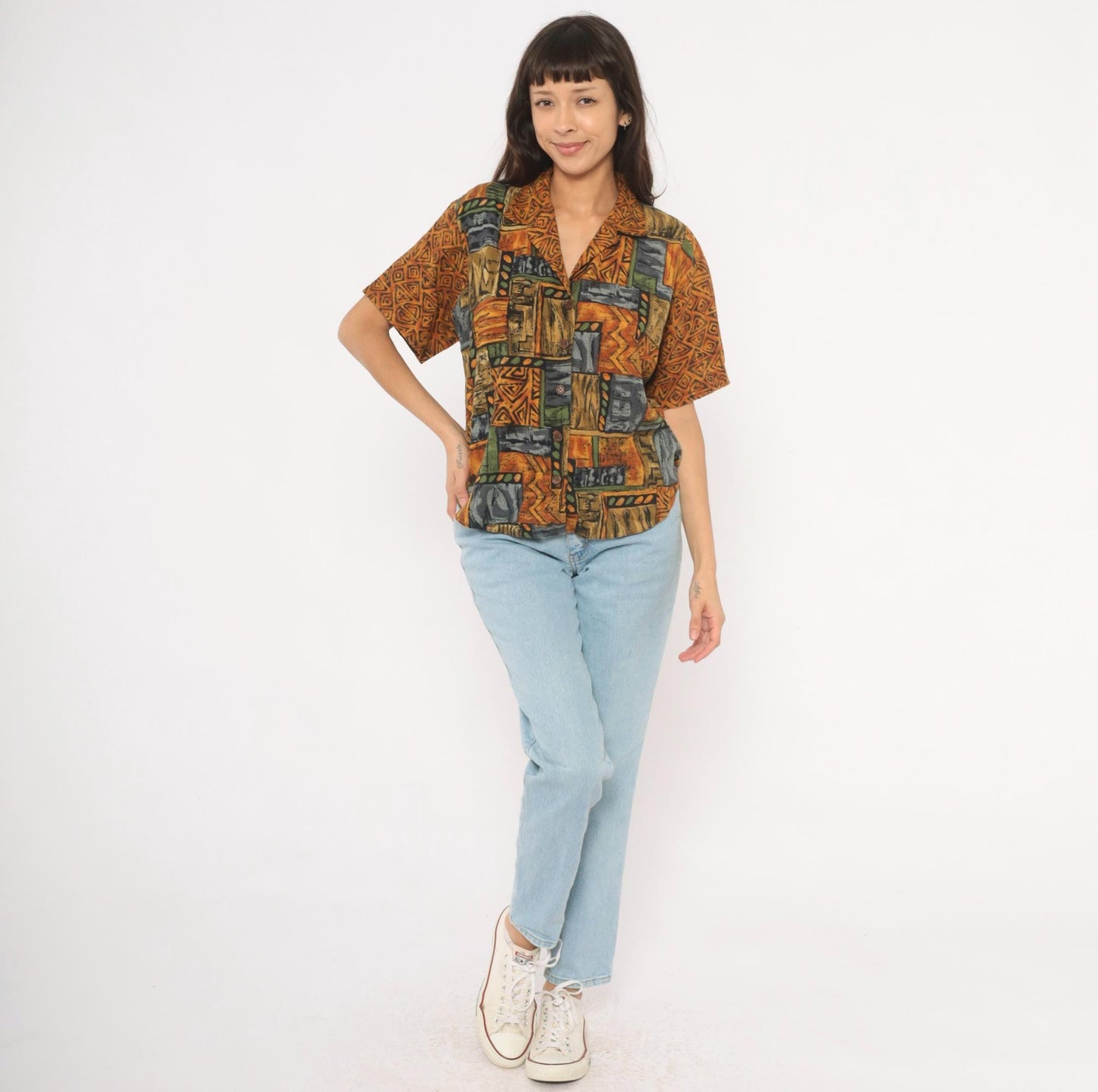 90s Tribal Patchwork Camp Collar Shirt Mustard Olive Slate Large L