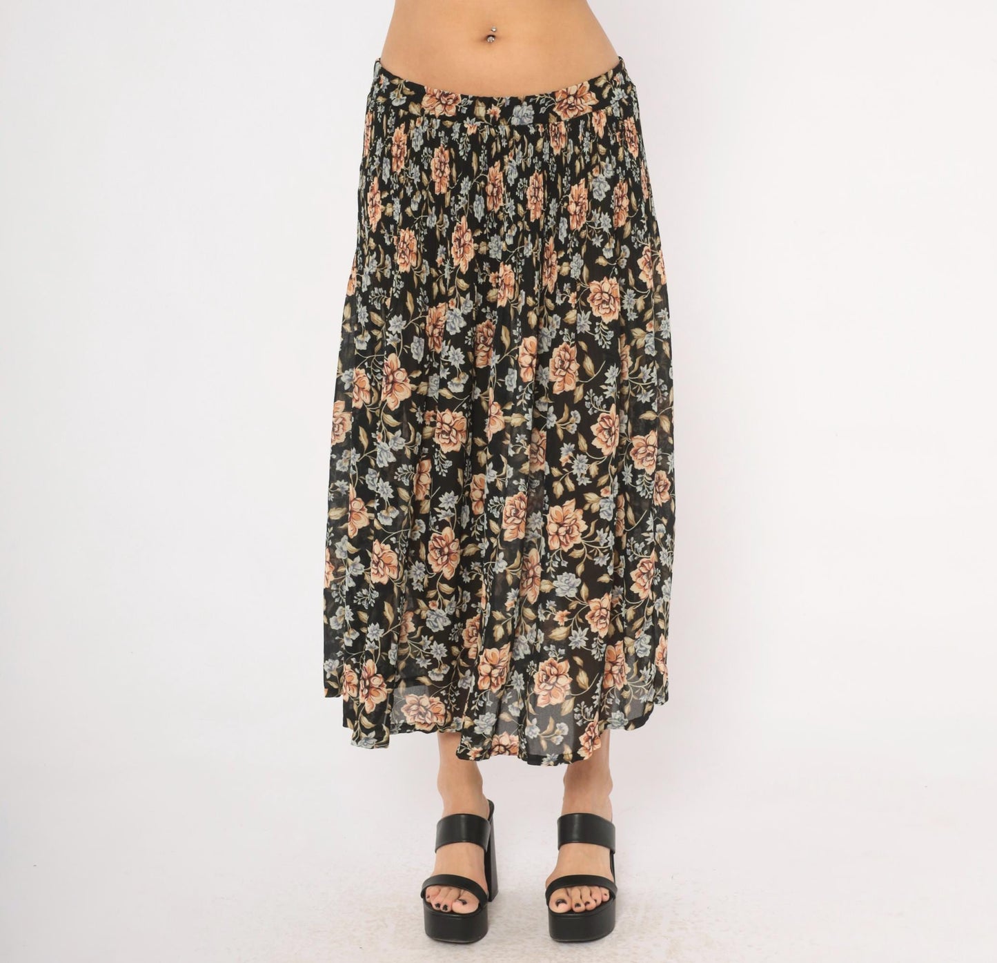 90s Sag Harbor Floral Maxi Skirt Black Peach Periwinkle Medium