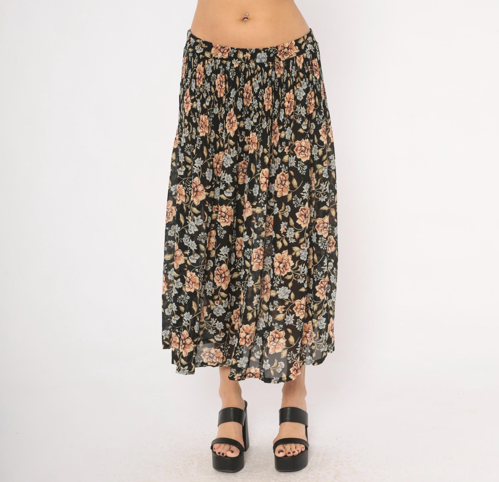 90s Sag Harbor Floral Maxi Skirt Black Peach Periwinkle Medium