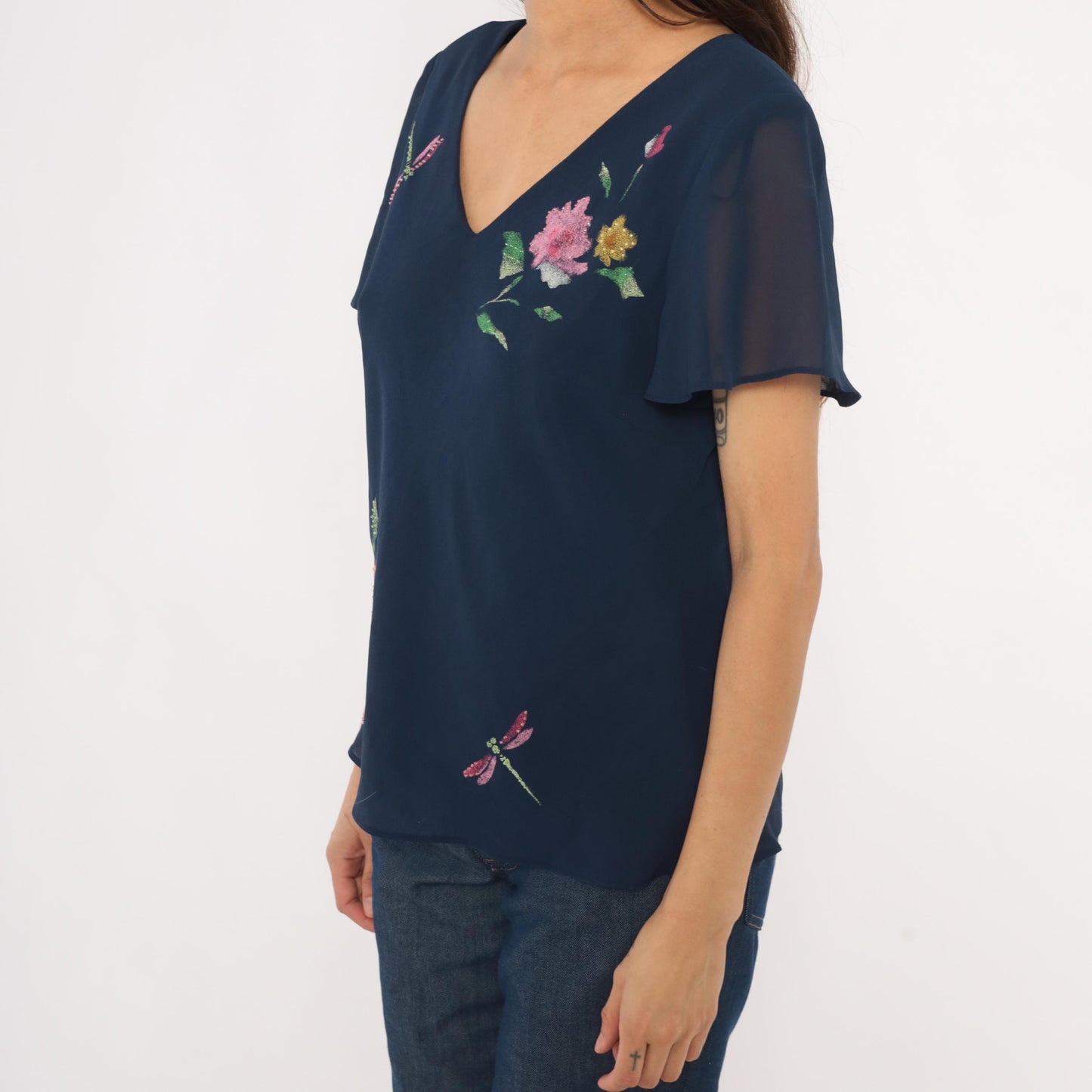 90s Karin Stevens Navy Floral Dragonfly Chiffon Blouse Flutter Sleeve Large L