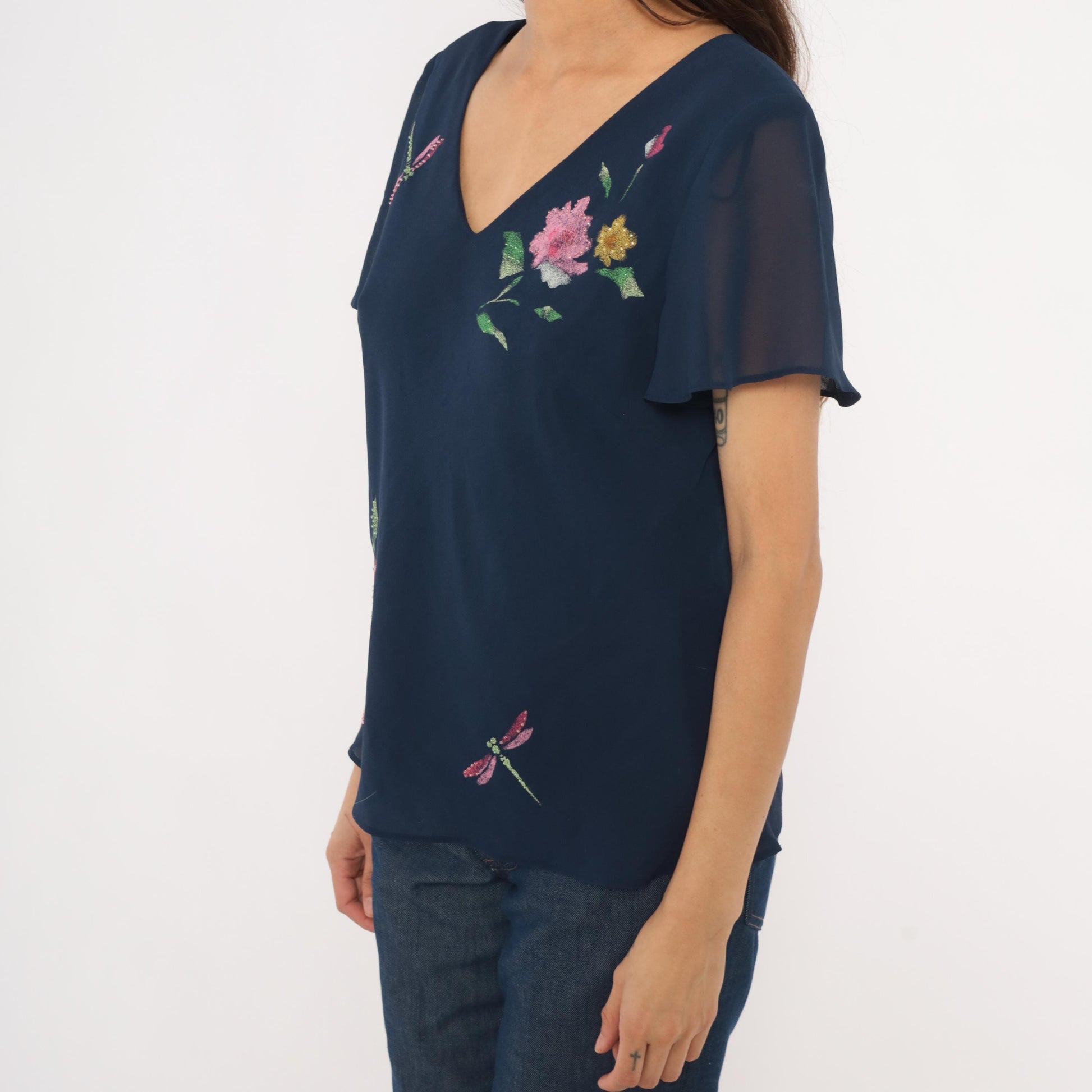 90s Karin Stevens Navy Floral Dragonfly Chiffon Blouse Flutter Sleeve Large L