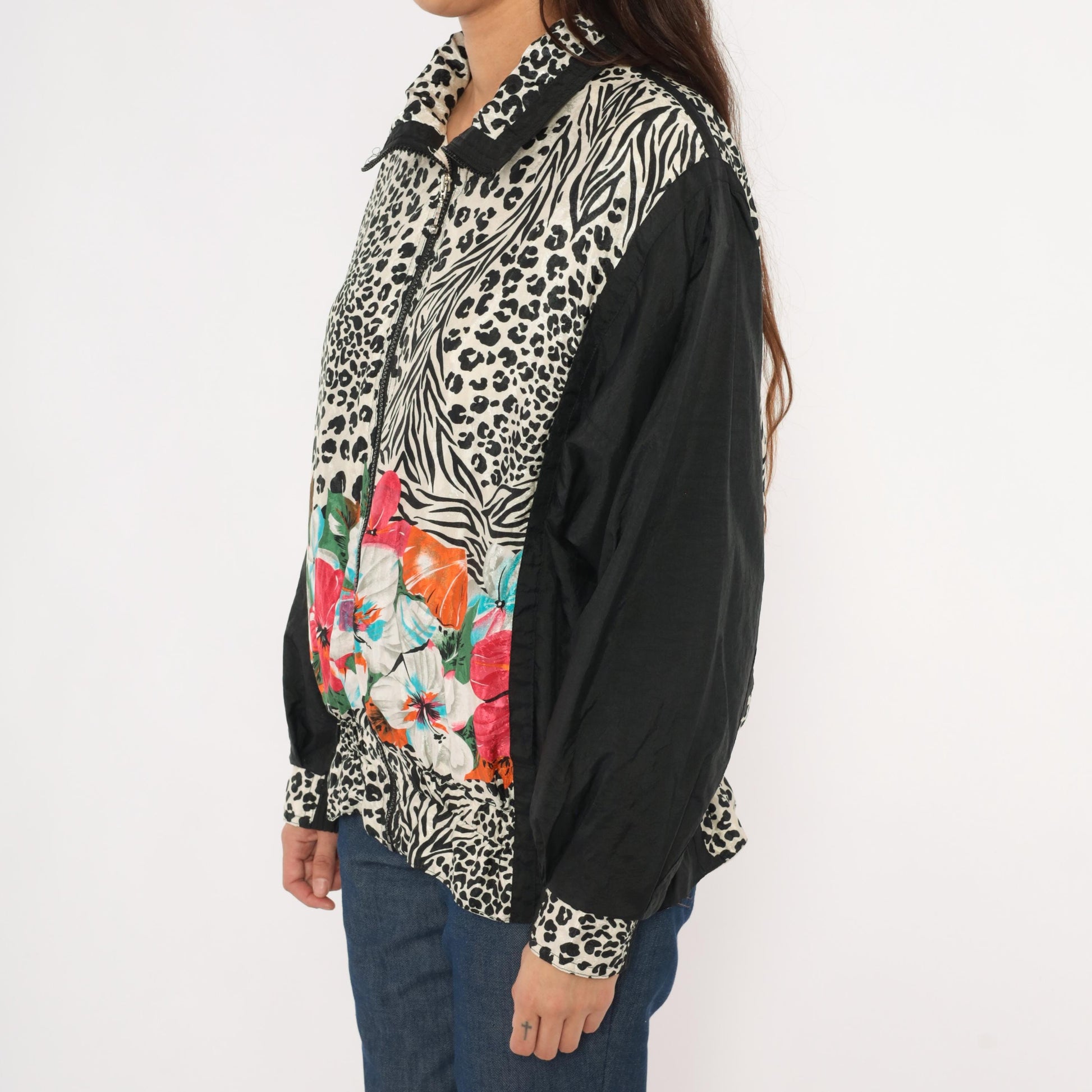 90s East West Leopard Zebra Floral Windbreaker Jacket Black Medium M