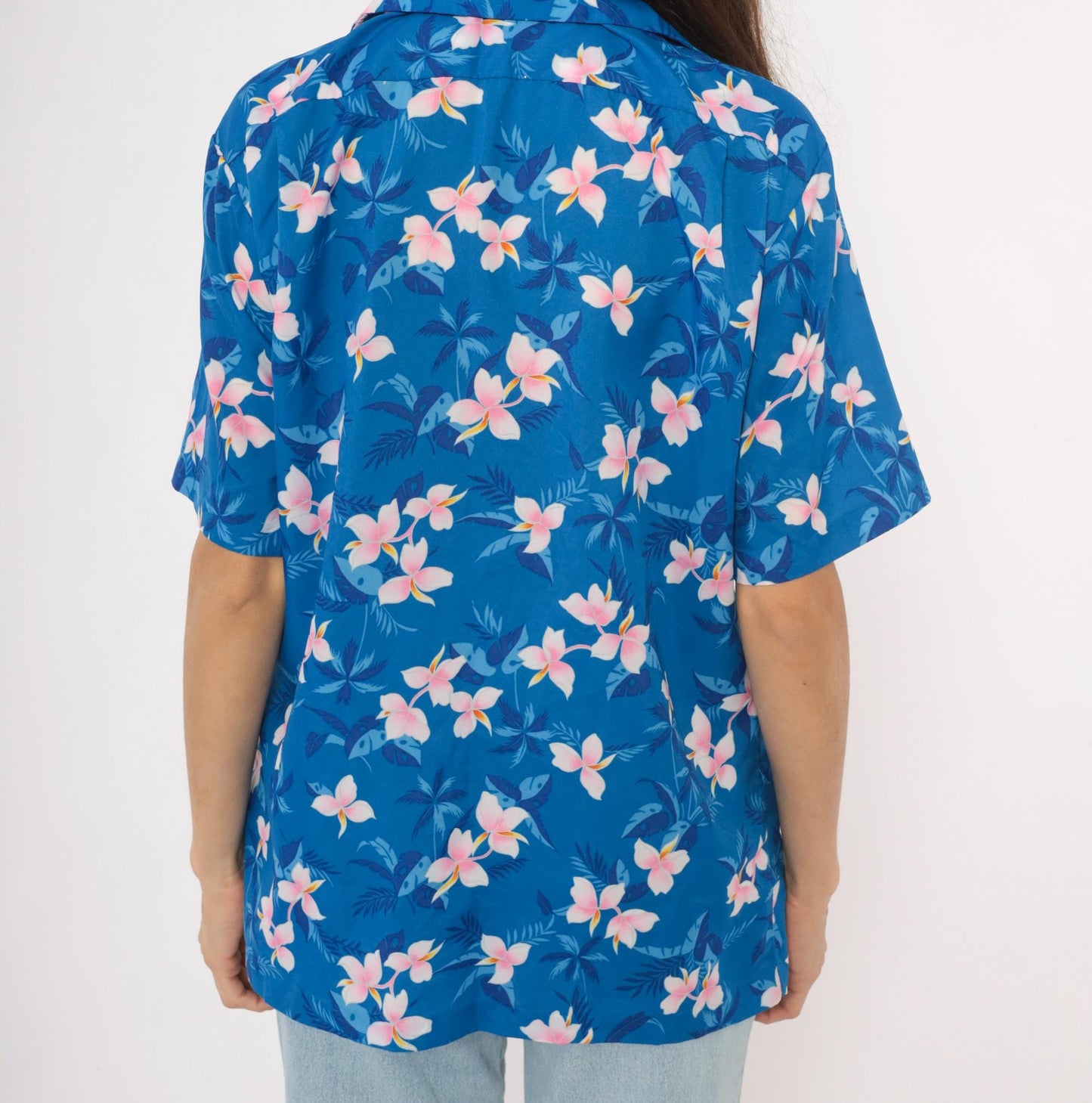 90s Hilo Hatties Hawaiian Shirt Blue Plumeria Floral Camp Collar Medium M