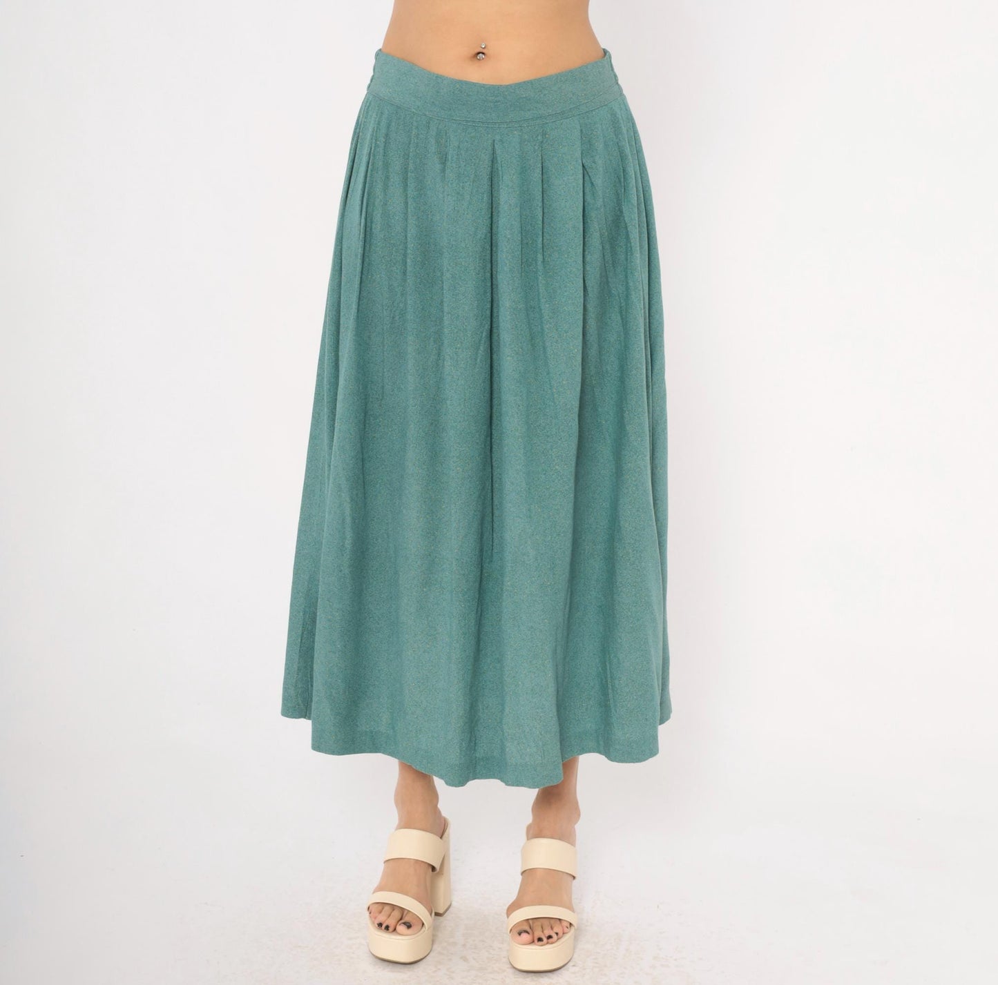 80s Norton Mcnaughton Teal Pleated Midi Skirt High Waist A-Line Medium