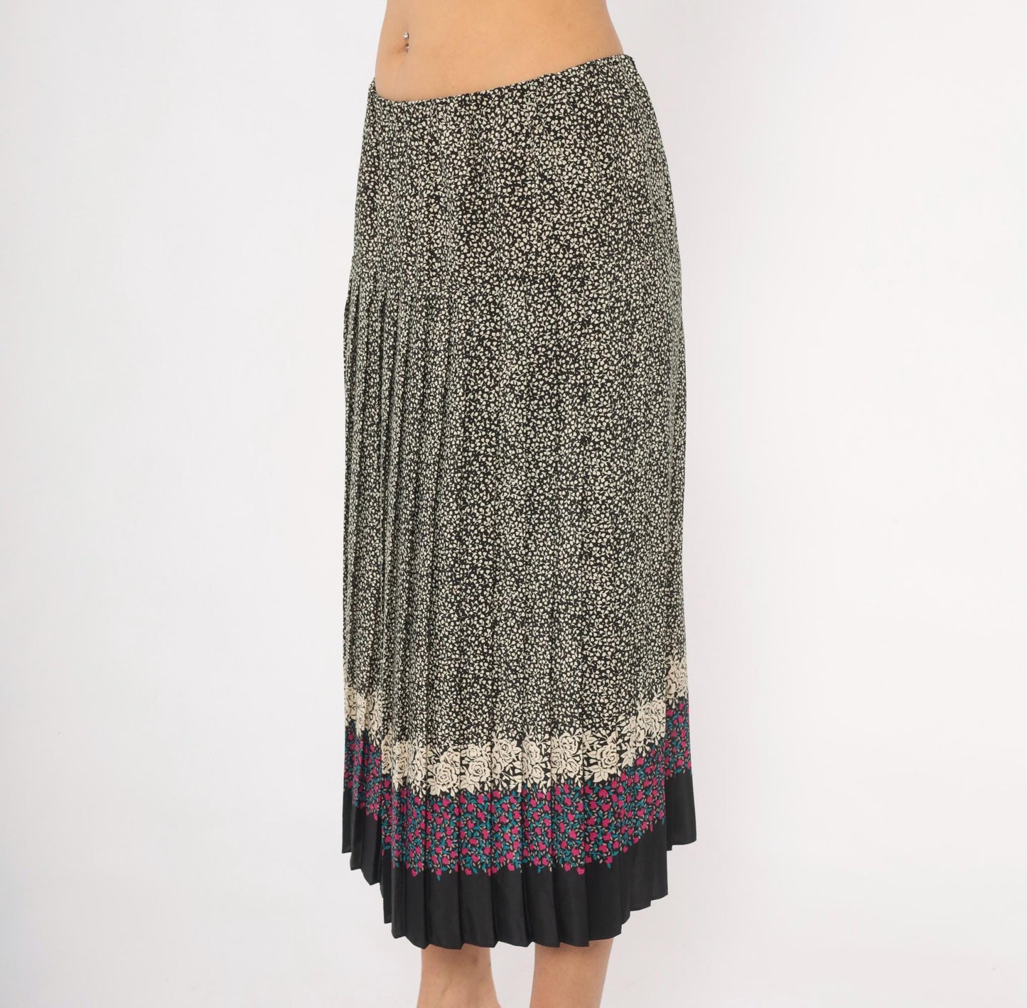 80s Floral Border Midi Skirt Black Cream Rose Pink Teal Pleated Medium Large