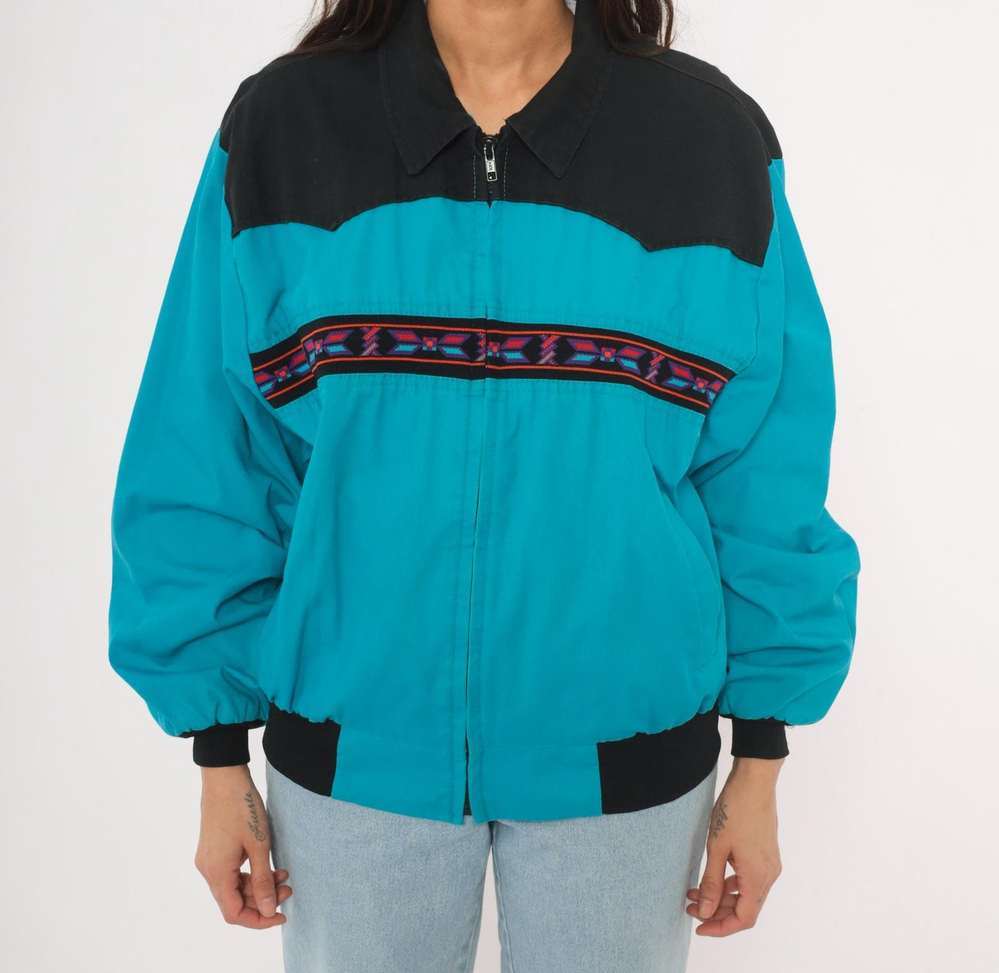 90s Santa Fe Trail Southwestern Bomber Jacket Teal Black Western Yoke Medium