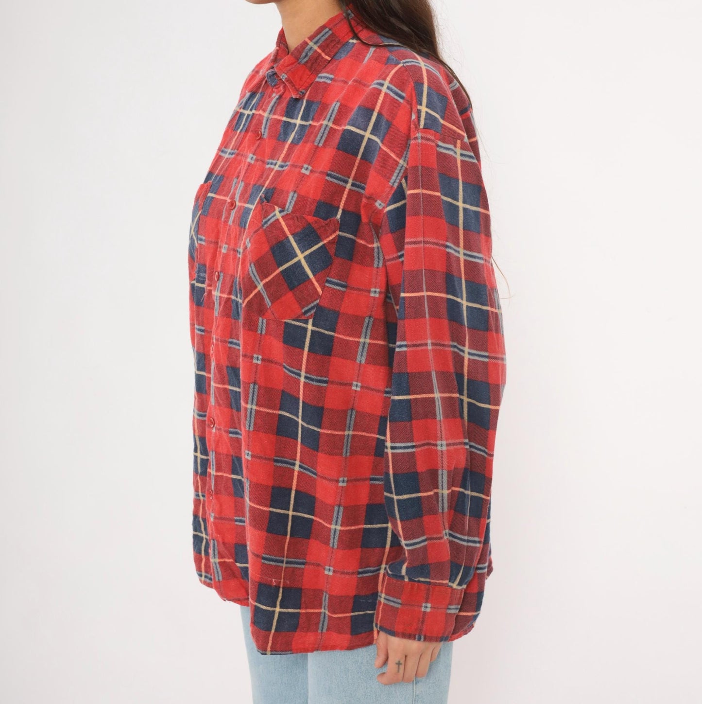 90s Saugatuck Red Navy Plaid Flannel Shirt Cotton Point Collar Extra Large XL
