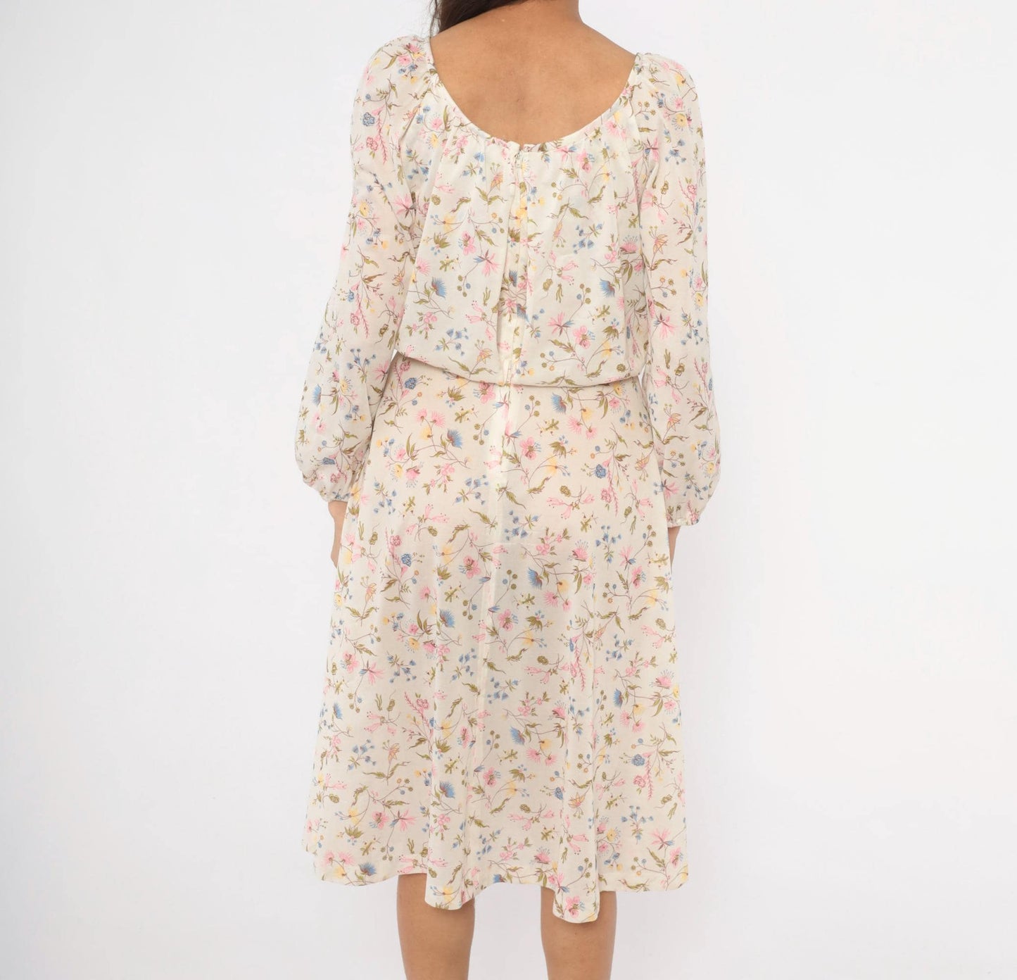 70s Wildflower Midi Dress Cream Floral Cold Shoulder Split Sleeve Medium