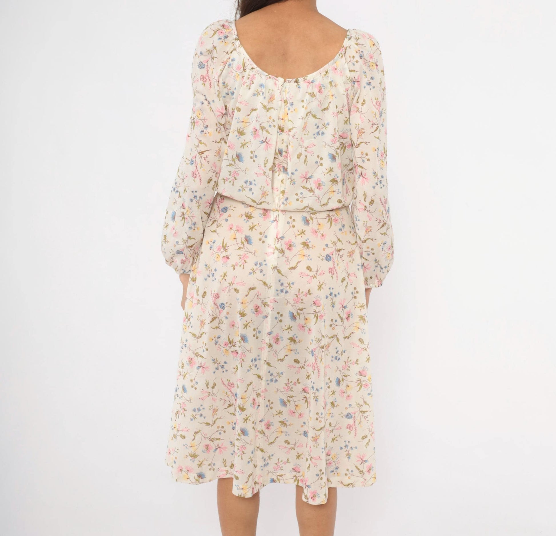 70s Wildflower Midi Dress Cream Floral Cold Shoulder Split Sleeve Medium