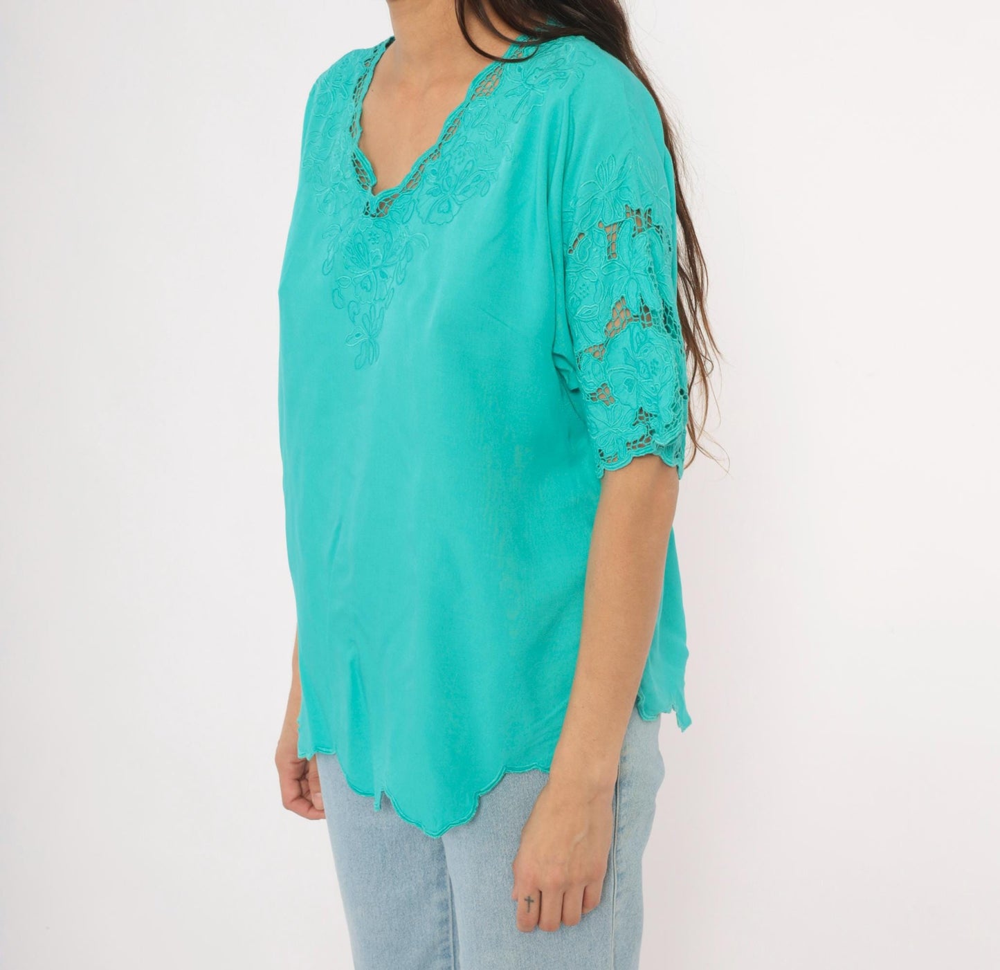 80s Bali Emerald Teal Cutwork Lace Blouse Floral Embroidered V-Neck