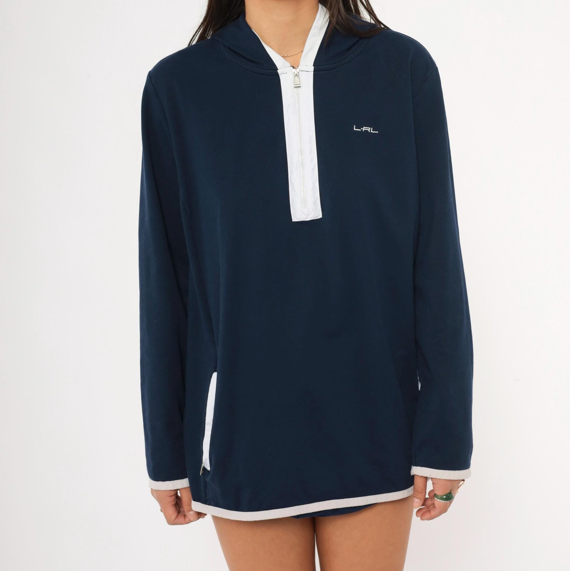 Y2K Ralph Lauren Active Half Zip Hoodie Navy Cotton Plus Size XXL