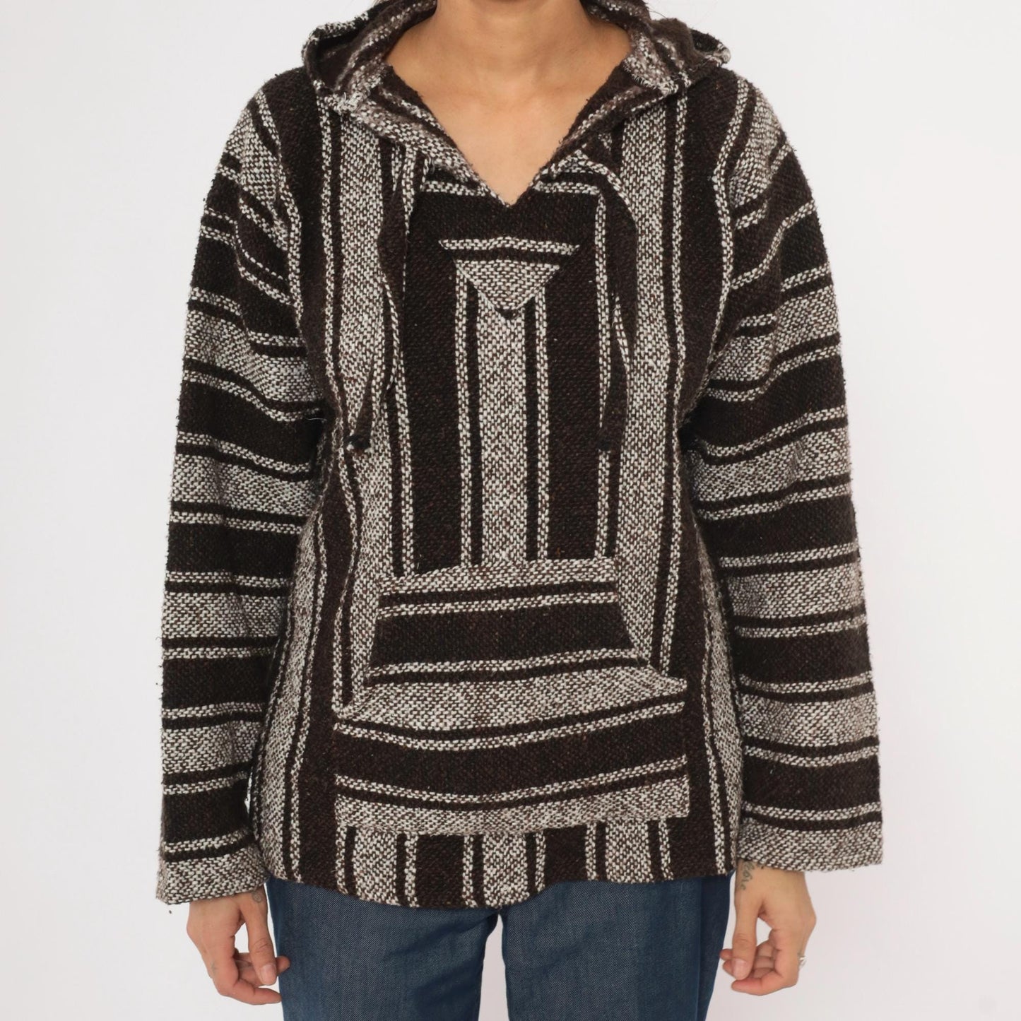 90s Sandy Baja Hoodie Brown White Striped Woven Pullover Medium