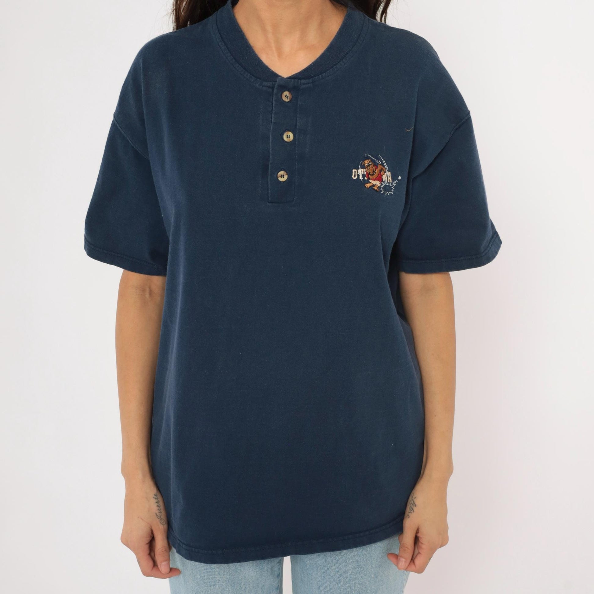 90s Powersport by Oneita Navy Henley Embroidered Bulldog Golf Graphic Large L