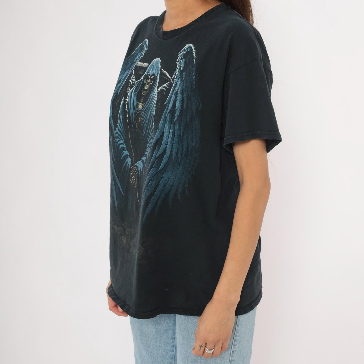 2000s Winged Grim Reaper Graphic Tee Black Cotton Gildan Large L