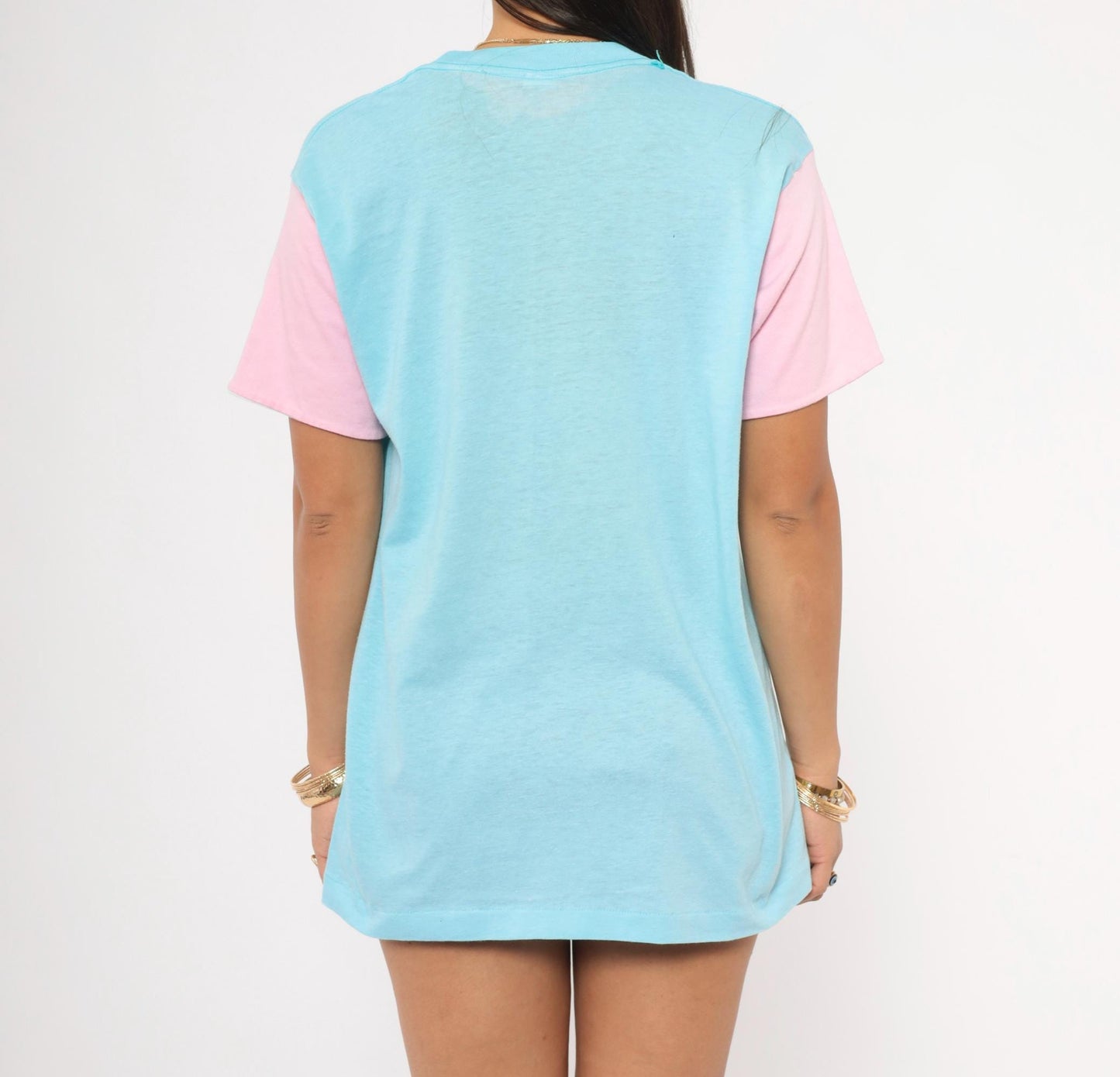 80s Puerto Rico Beach Club Colorblock Tee Baby Blue Pink Graphic Medium