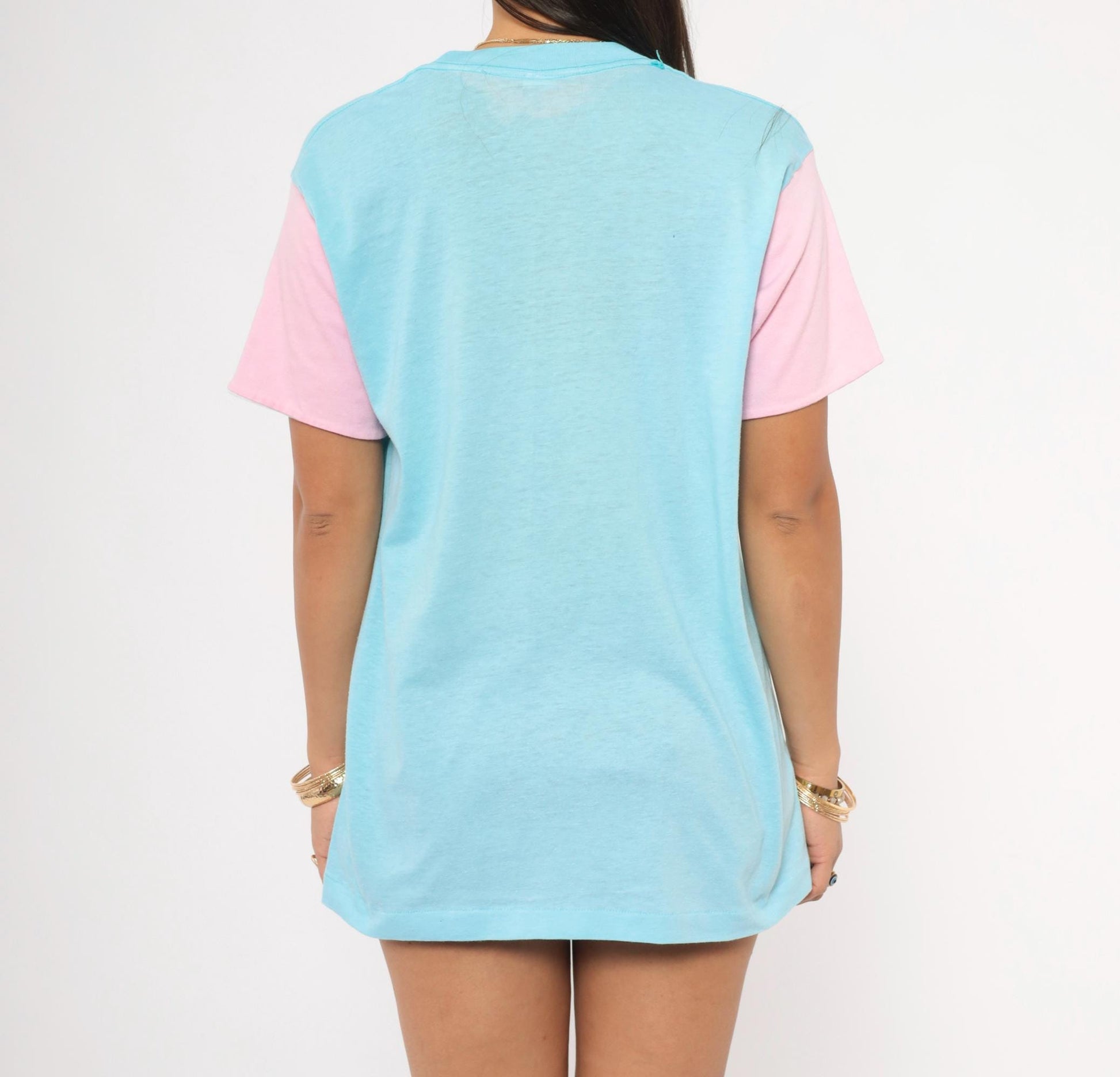 80s Puerto Rico Beach Club Colorblock Tee Baby Blue Pink Graphic Medium